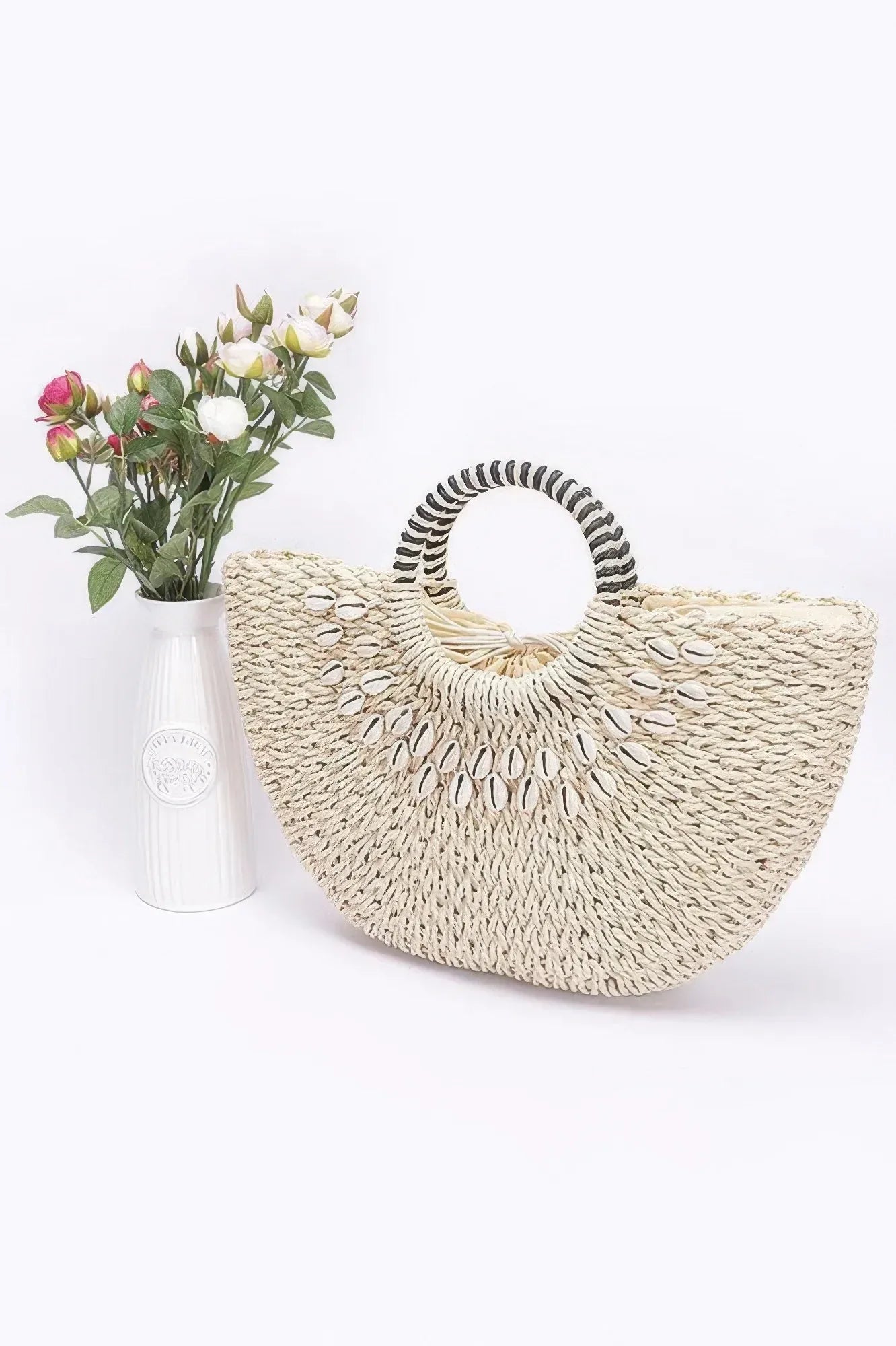 Faux Straw Handmade Shell Embellished Bag | Mixtshop LLC