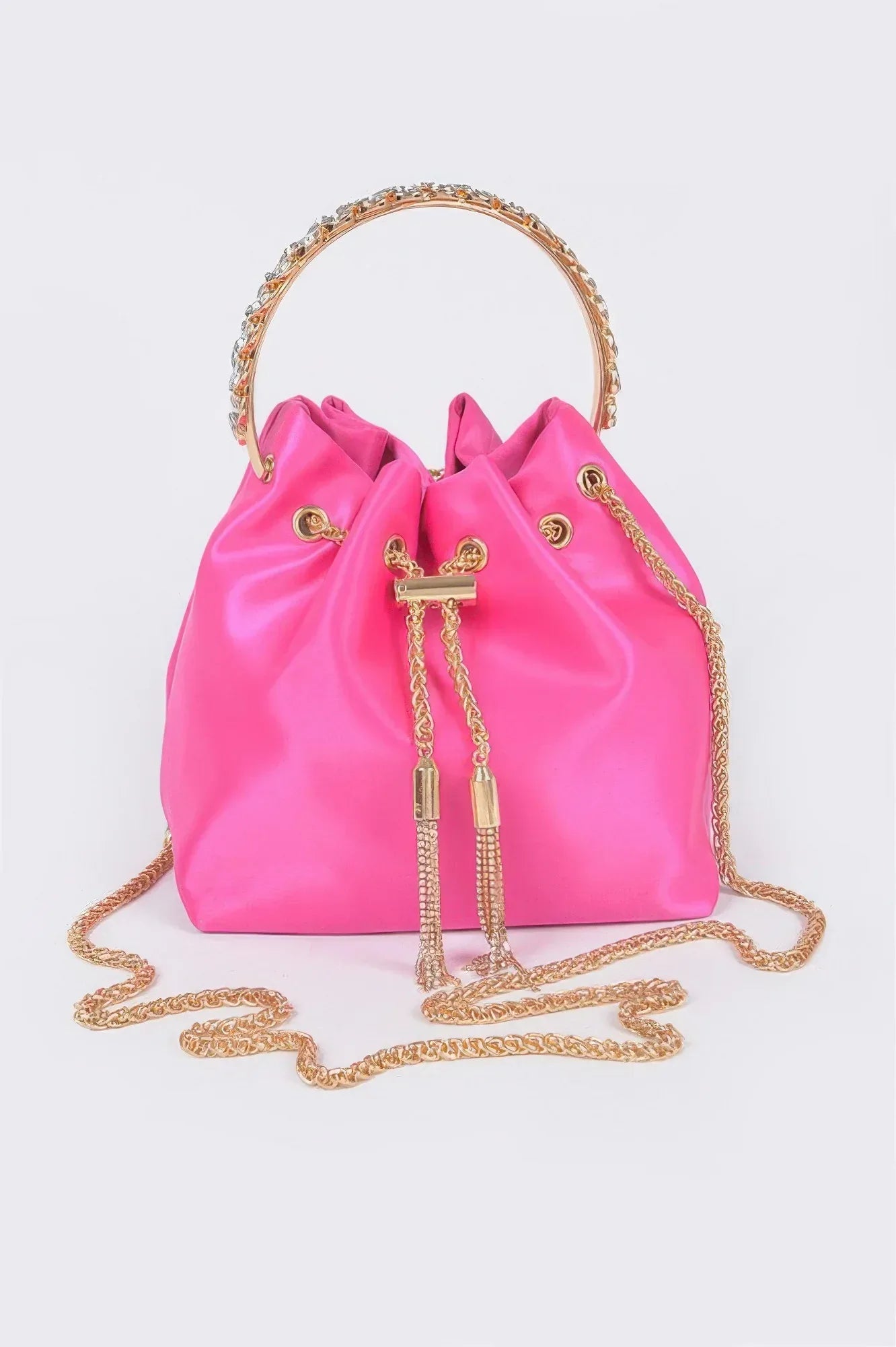 Rhinestone Top Handle Satin Bucket Bag | Mixtshop LLC