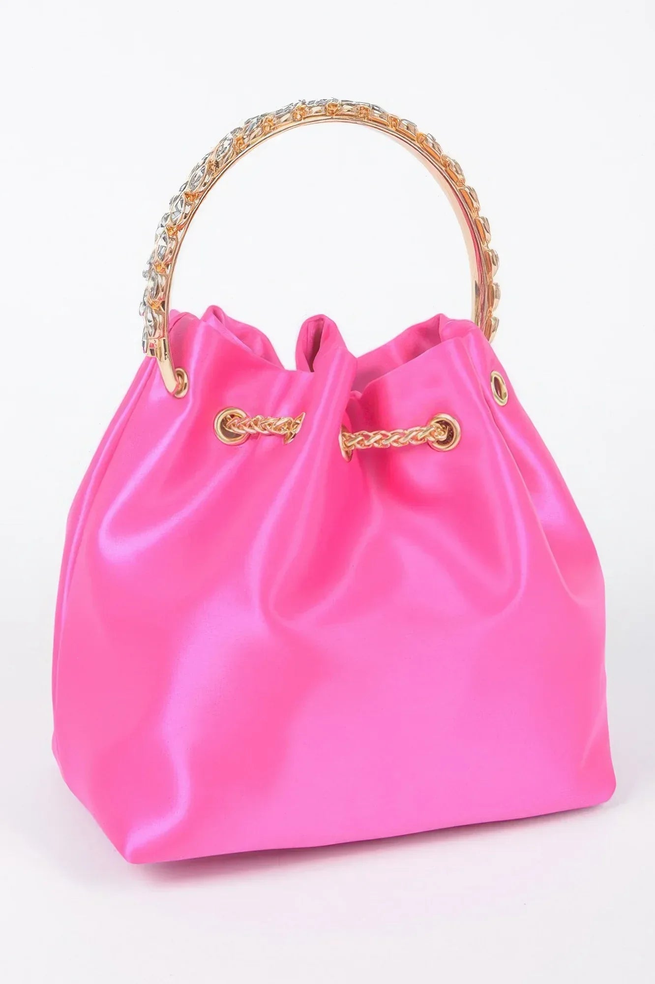 Rhinestone Top Handle Satin Bucket Bag | Mixtshop LLC
