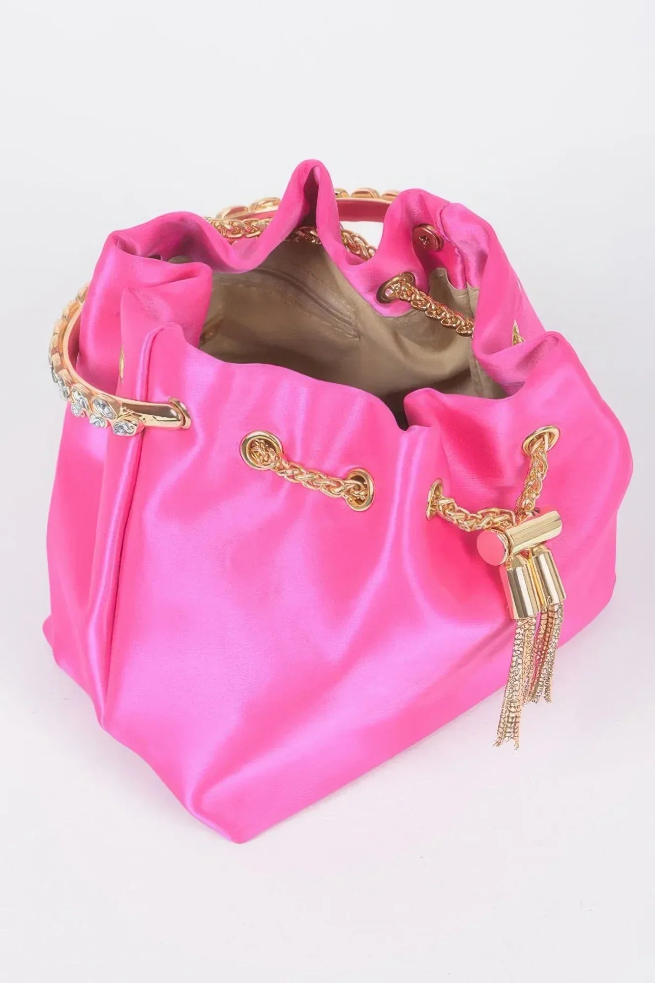 Rhinestone Top Handle Satin Bucket Bag | Mixtshop LLC