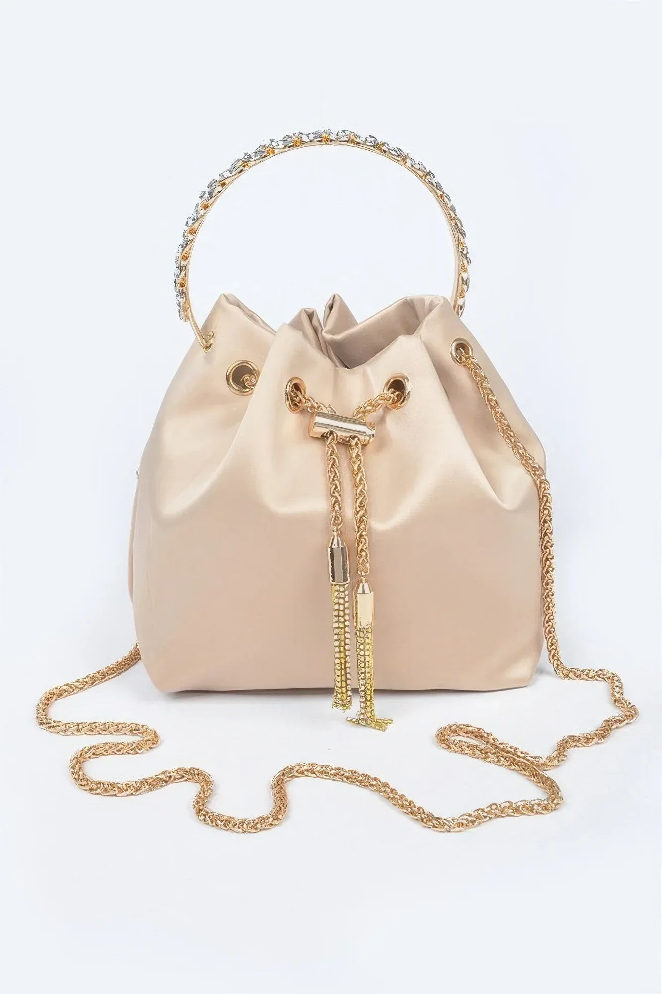 Rhinestone Top Handle Satin Bucket Bag | Mixtshop LLC