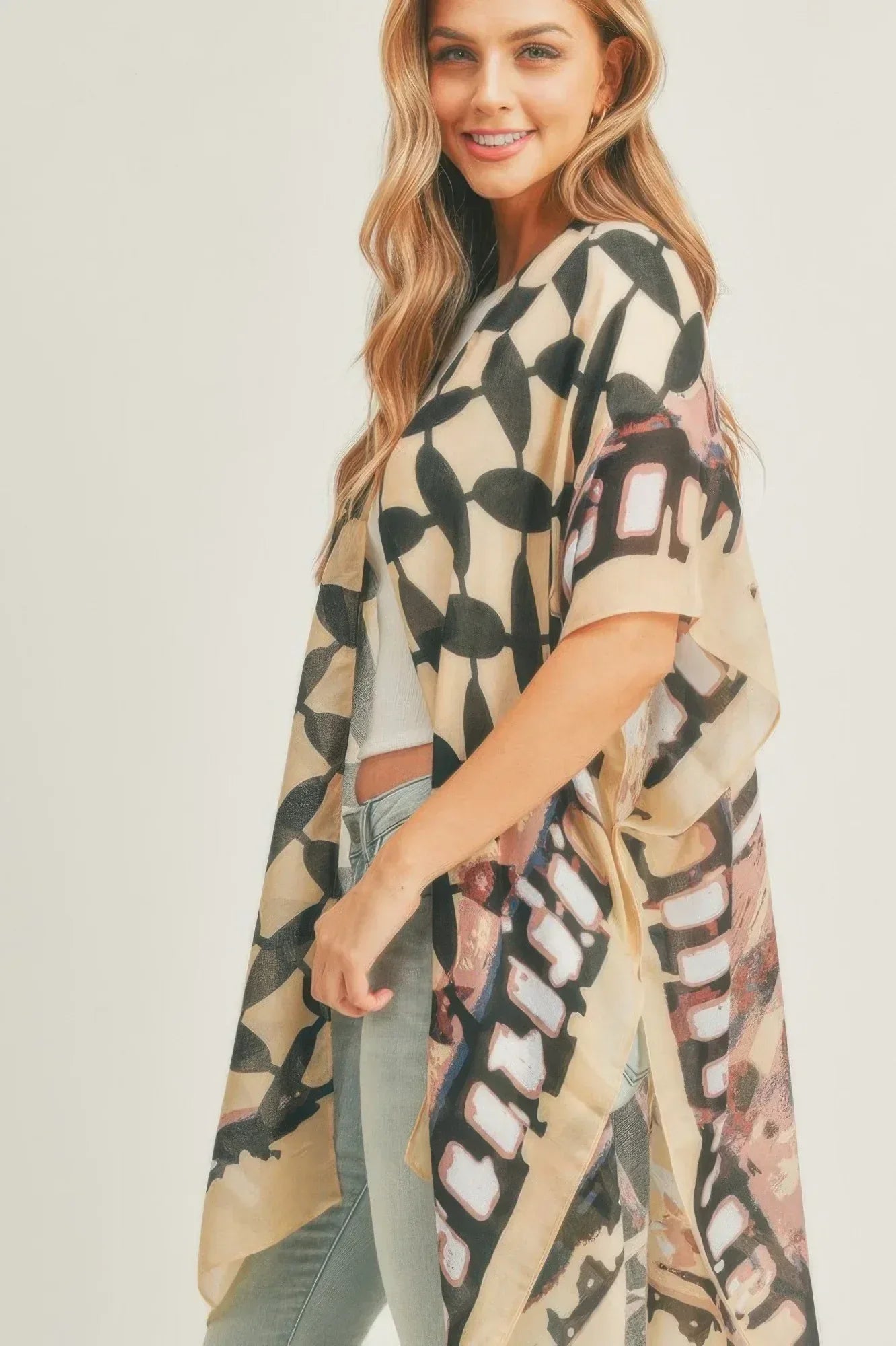 Ombree Front And Geometric Back Print Kimono | Mixtshop LLC