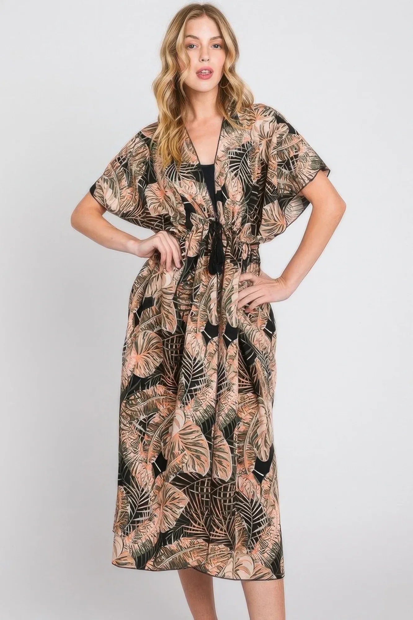 Tropical Leaves Print Self-tie Drawstring Cover Up | Mixtshop LLC