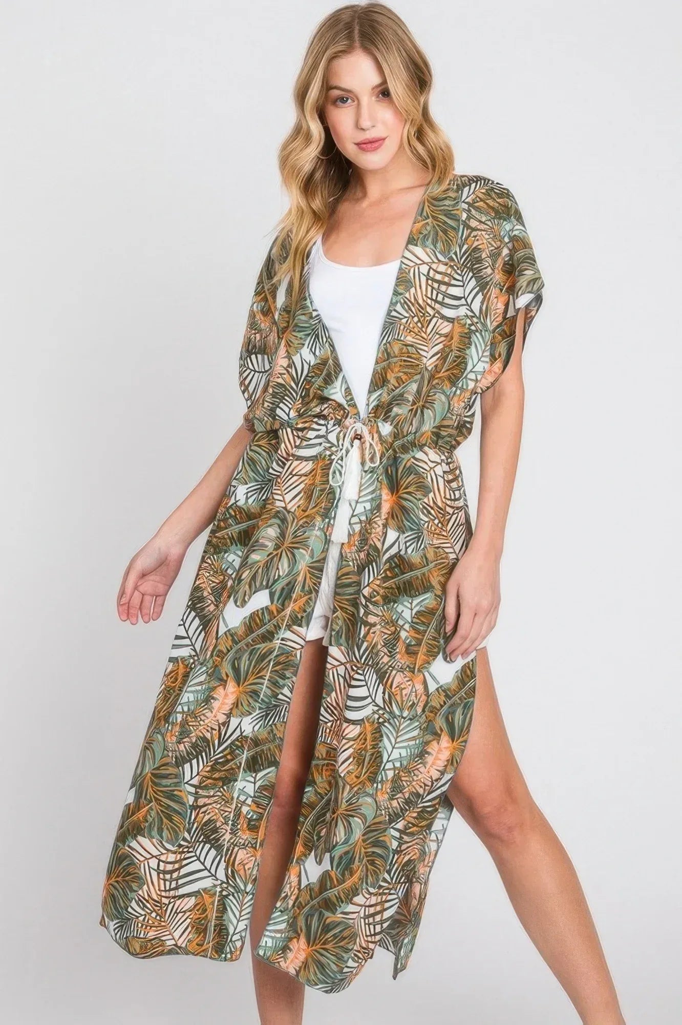 Tropical Leaves Print Self-tie Drawstring Cover Up | Mixtshop LLC
