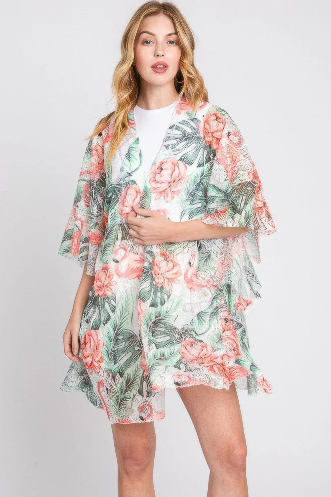 Ruffle Lined Tropical Flamingo Print Open Front | Mixtshop LLC