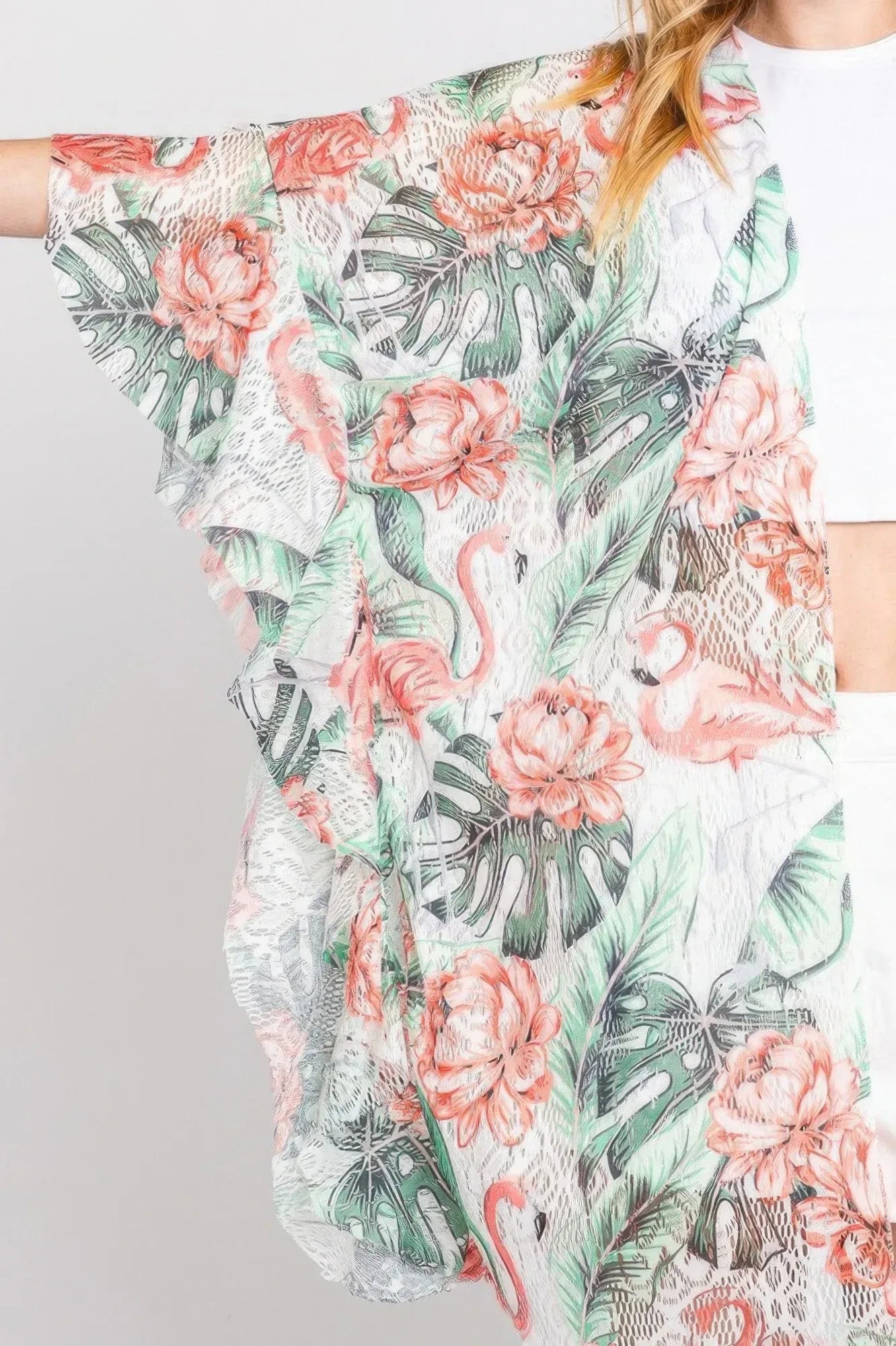 Ruffle Lined Tropical Flamingo Print Open Front | Mixtshop LLC
