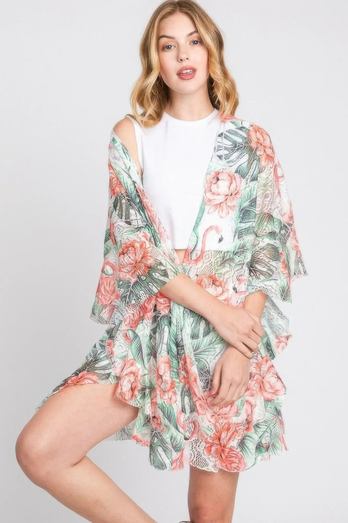 Ruffle Lined Tropical Flamingo Print Open Front | Mixtshop LLC