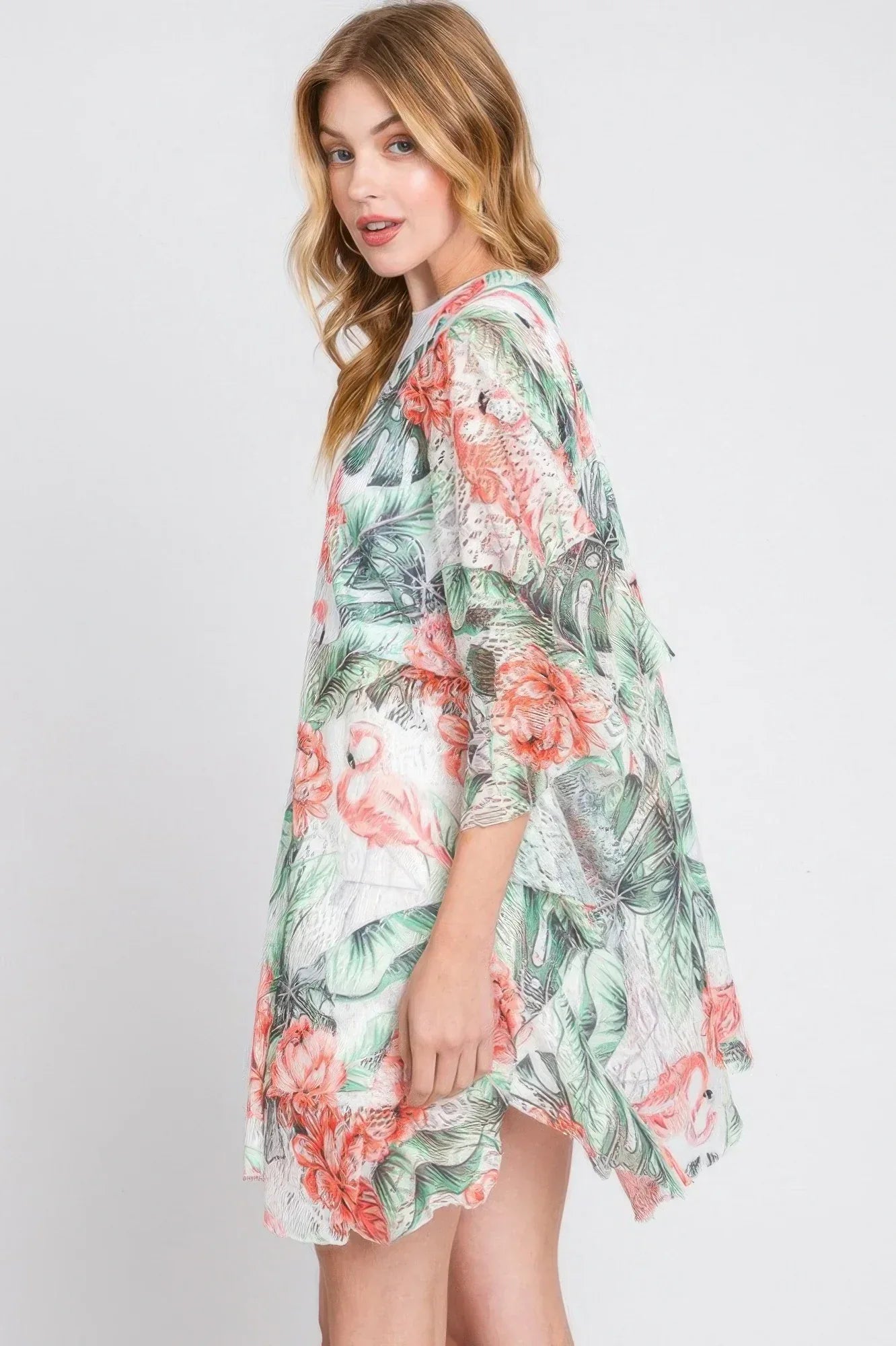 Ruffle Lined Tropical Flamingo Print Open Front | Mixtshop LLC