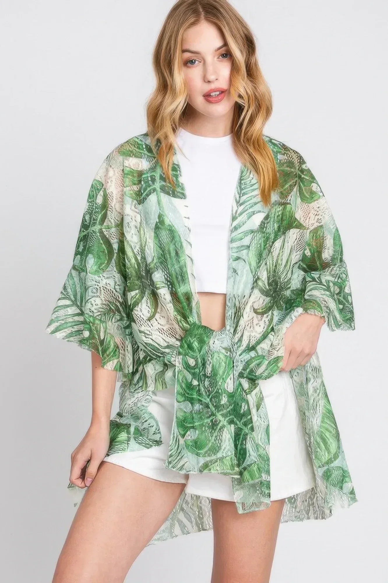 Ruffle Lined Tropical Leaves Print Open Frontcover | Mixtshop LLC