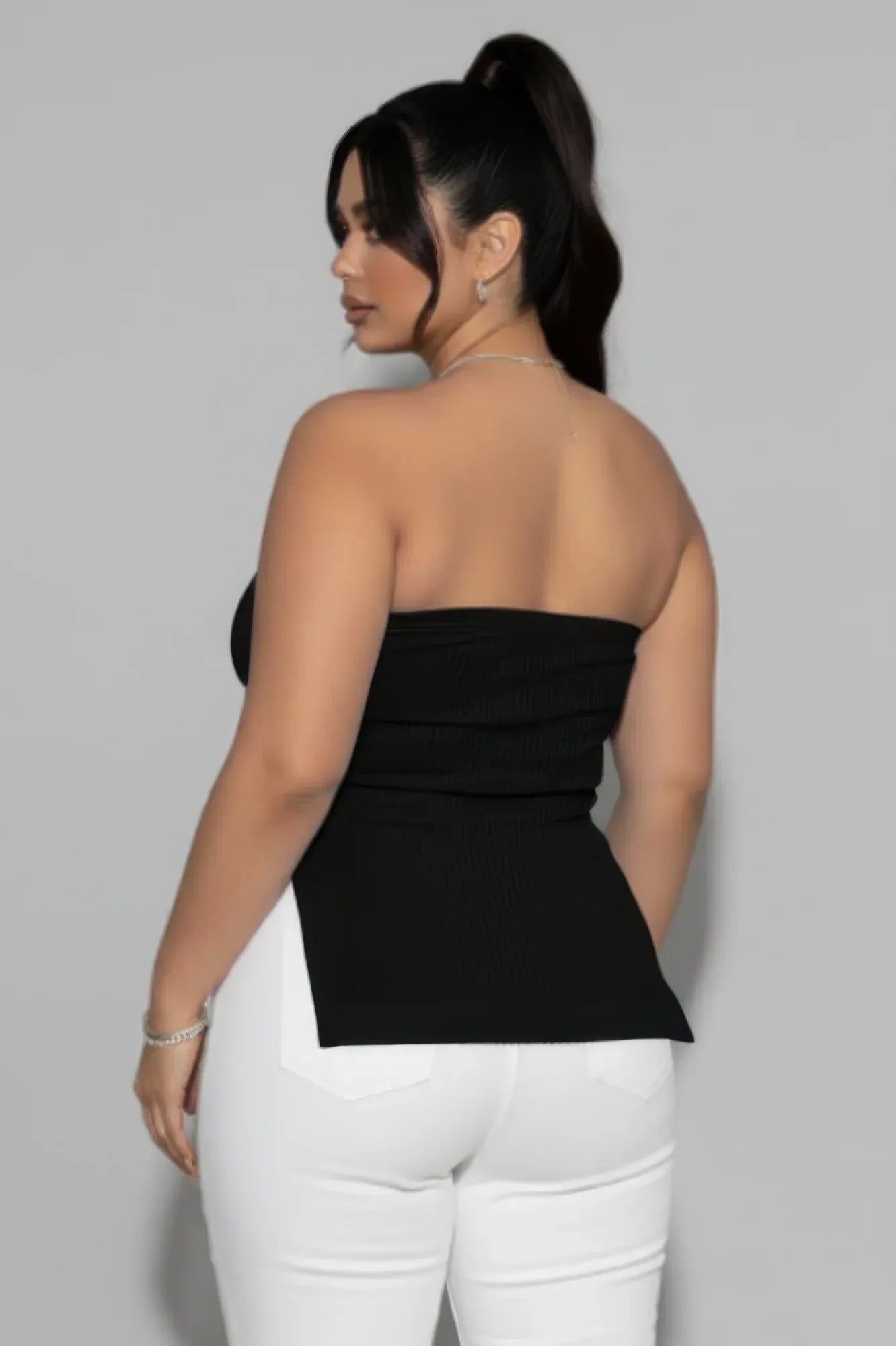Plus Strapless Ribbed Side-slit Flare Top | Mixtshop LLC