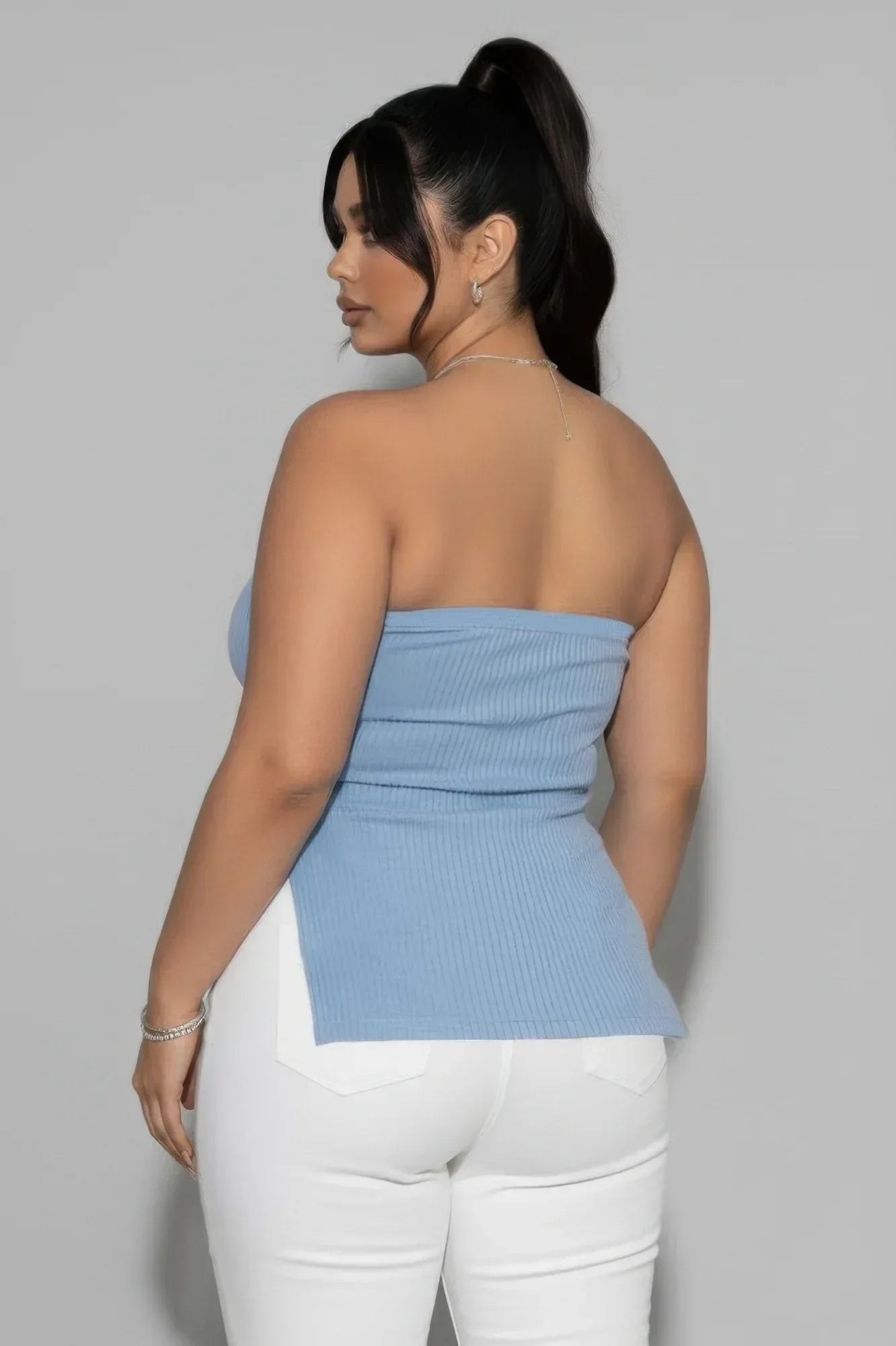 Plus Strapless Ribbed Side-slit Flare Top | Mixtshop LLC