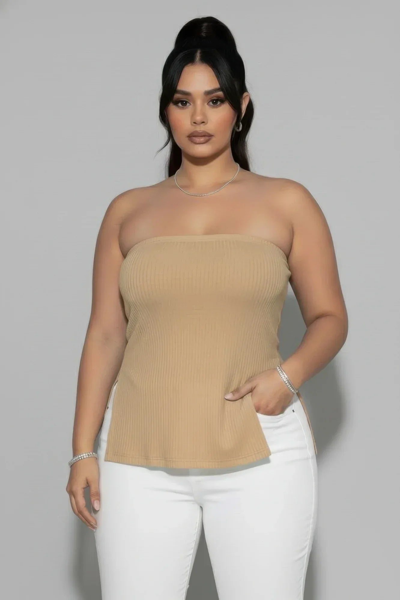Plus Strapless Ribbed Side-slit Flare Top | Mixtshop LLC