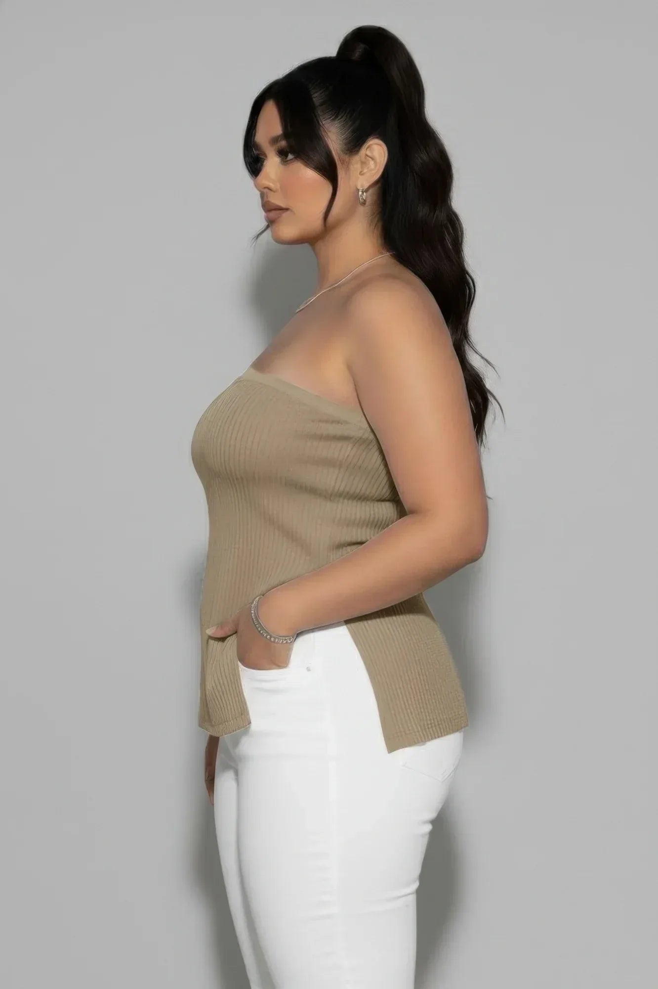 Plus Strapless Ribbed Side-slit Flare Top | Mixtshop LLC