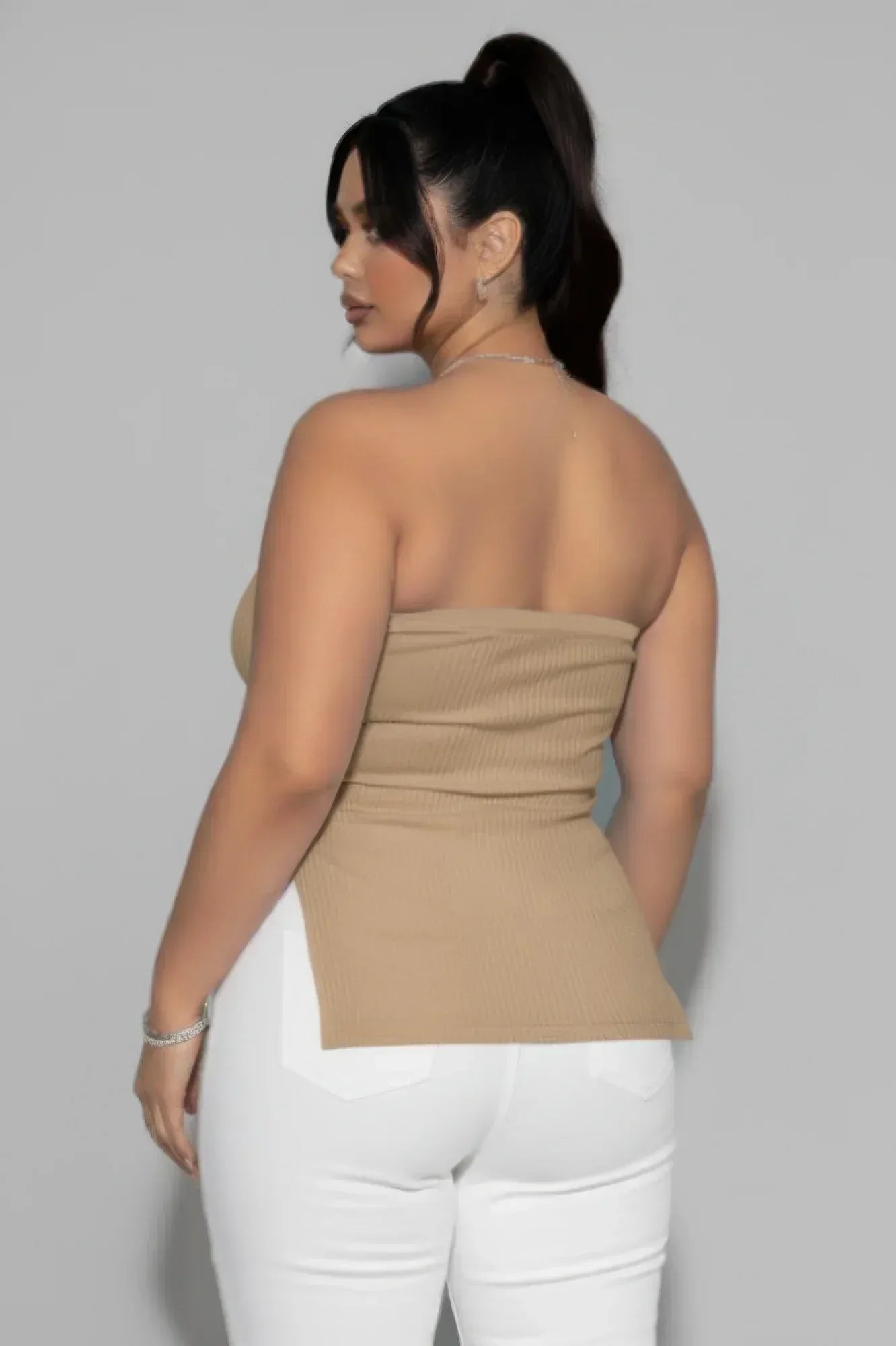Plus Strapless Ribbed Side-slit Flare Top | Mixtshop LLC