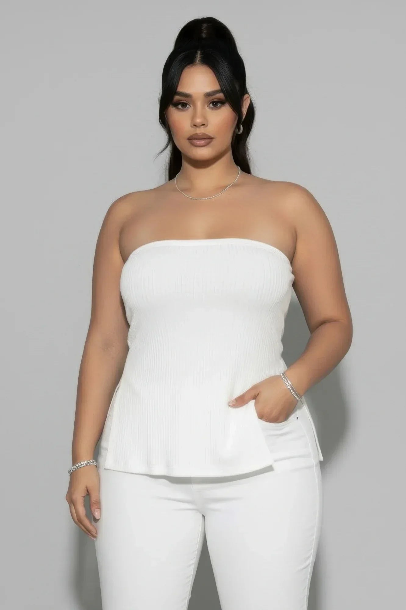 Plus Strapless Ribbed Side-slit Flare Top | Mixtshop LLC