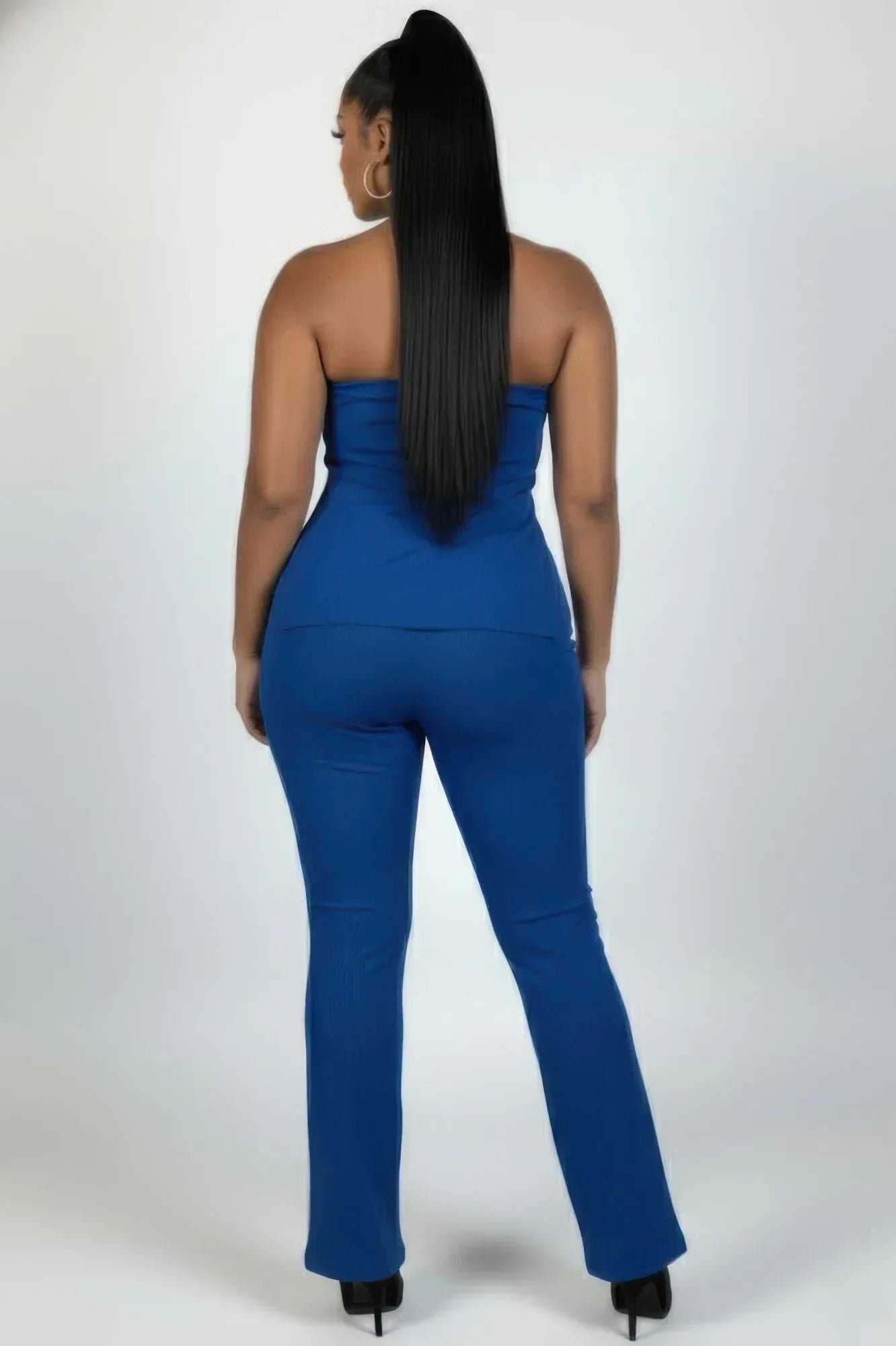 Plus Size Ultra-fine Ribbed Slit Tube Top & High-waist Flare Pants Set | Mixtshop LLC