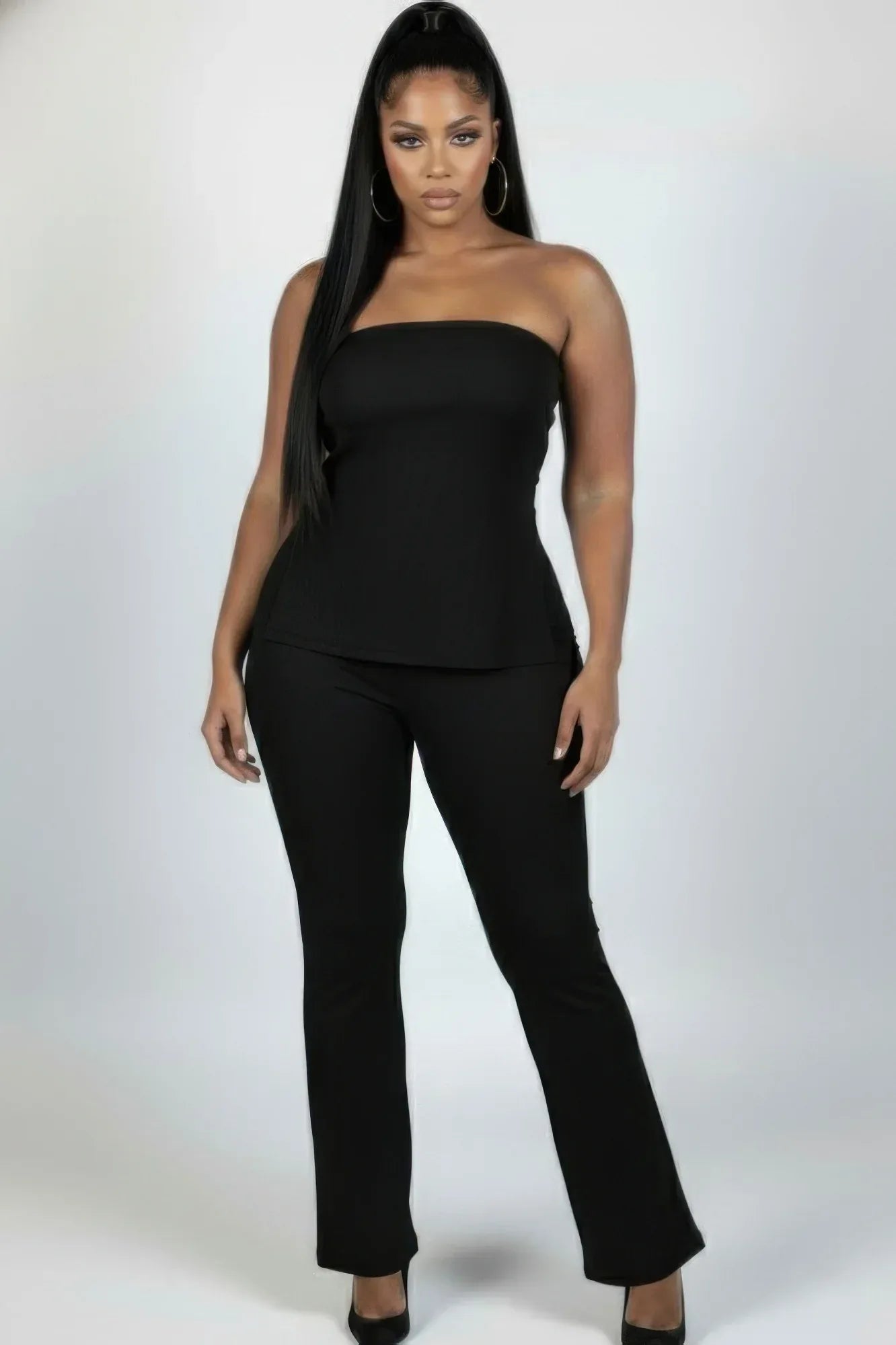Plus Size Ultra-fine Ribbed Slit Tube Top & High-waist Flare Pants Set | Mixtshop LLC