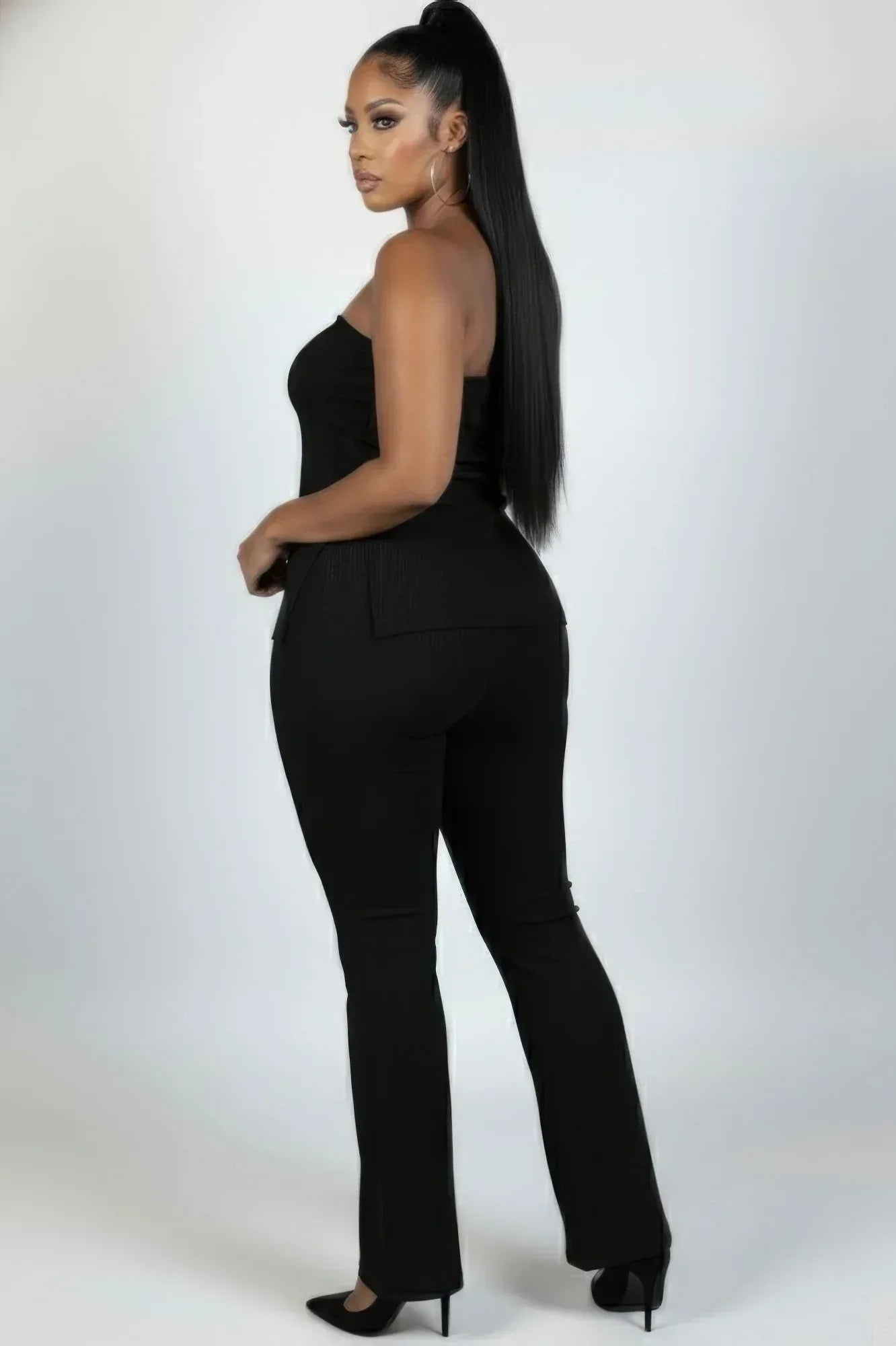 Plus Size Ultra-fine Ribbed Slit Tube Top & High-waist Flare Pants Set | Mixtshop LLC
