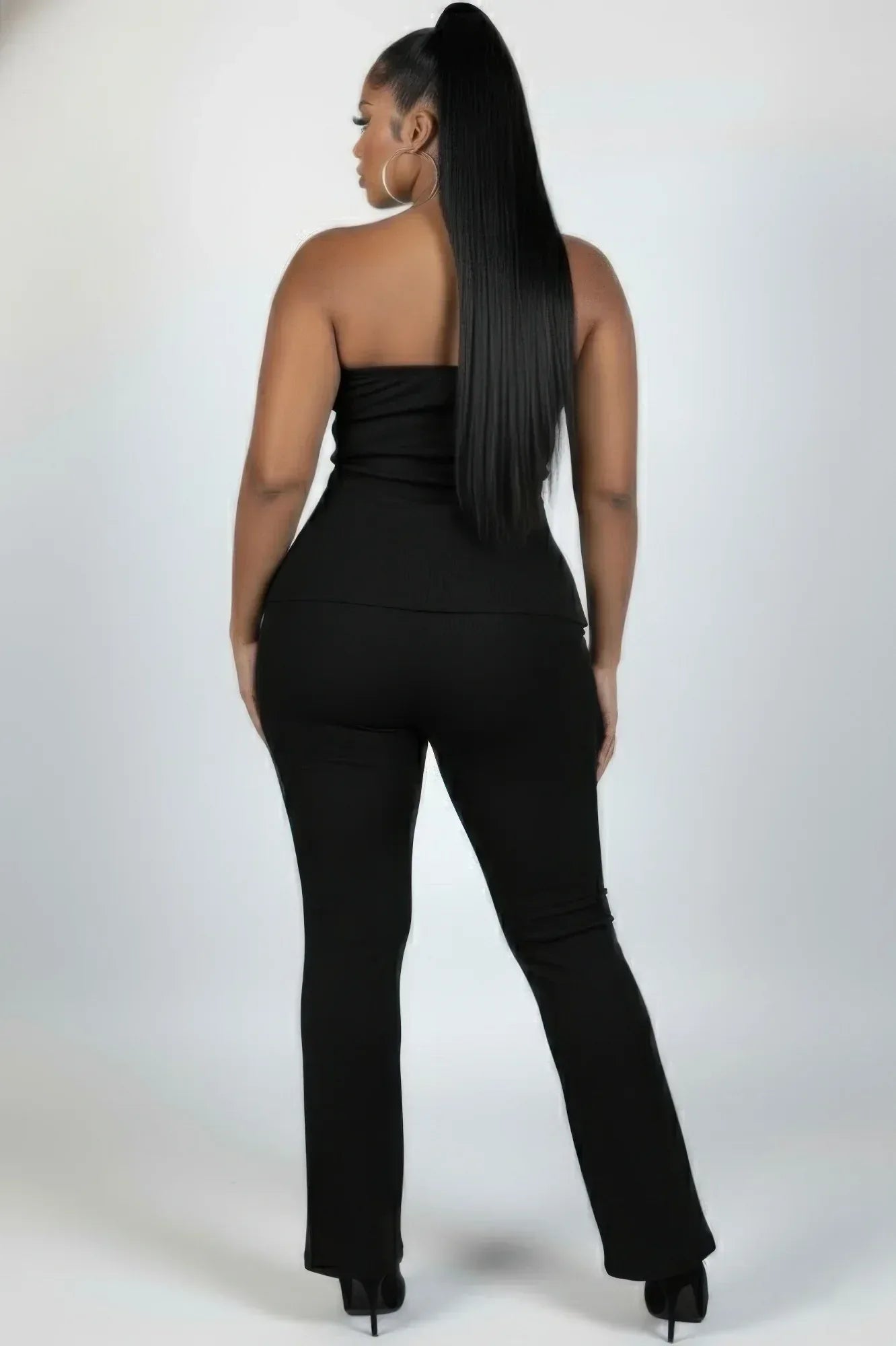 Plus Size Ultra-fine Ribbed Slit Tube Top & High-waist Flare Pants Set | Mixtshop LLC
