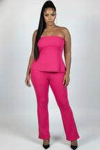 Plus Size Ultra-fine Ribbed Slit Tube Top & High-waist Flare Pants Set | Mixtshop LLC