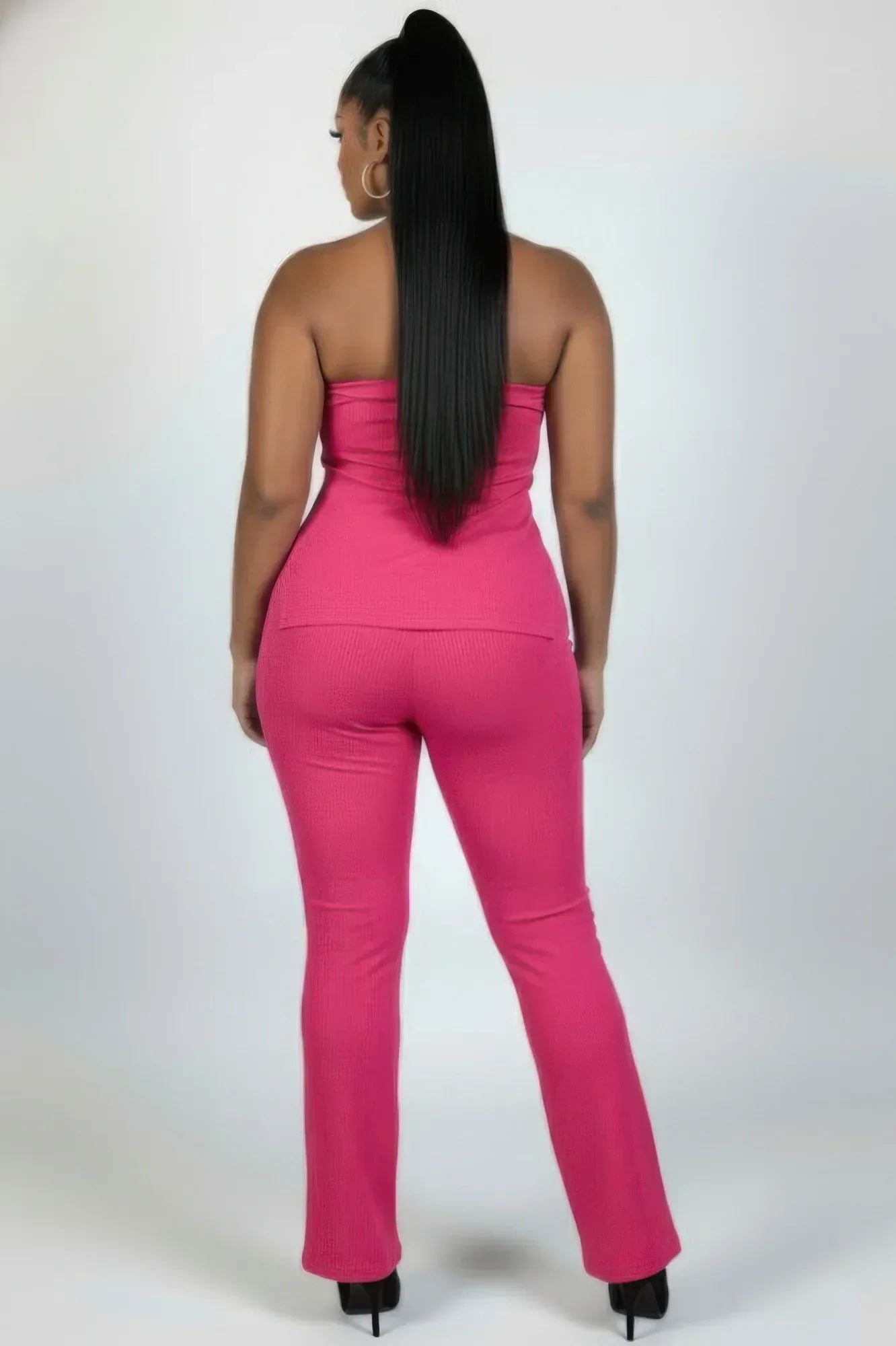 Plus Size Ultra-fine Ribbed Slit Tube Top & High-waist Flare Pants Set | Mixtshop LLC