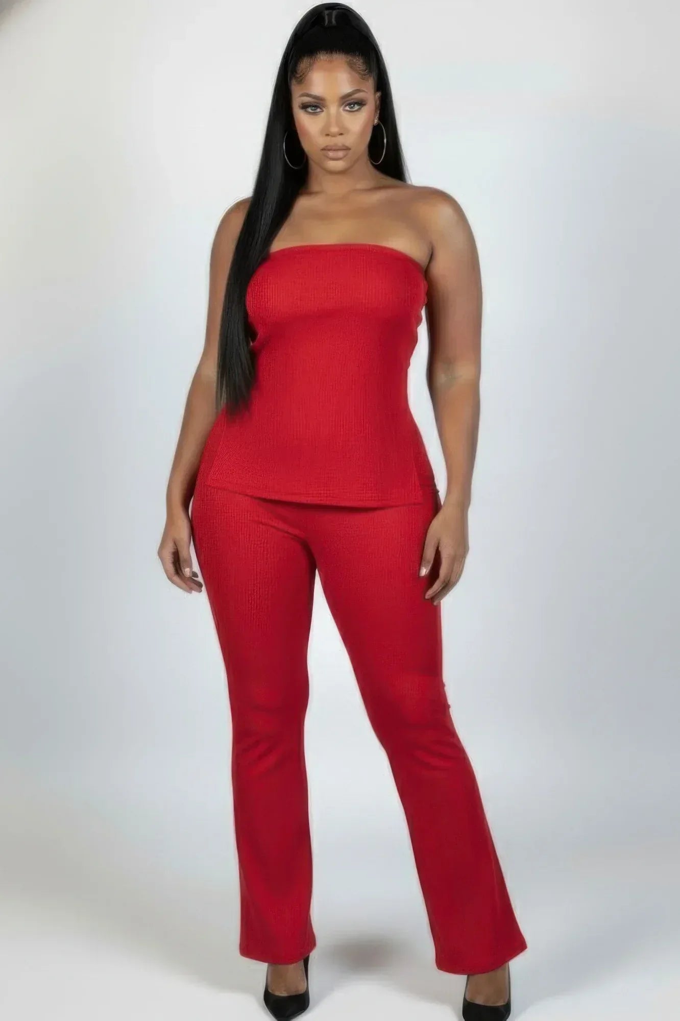 Plus Size Ultra-fine Ribbed Slit Tube Top & High-waist Flare Pants Set | Mixtshop LLC