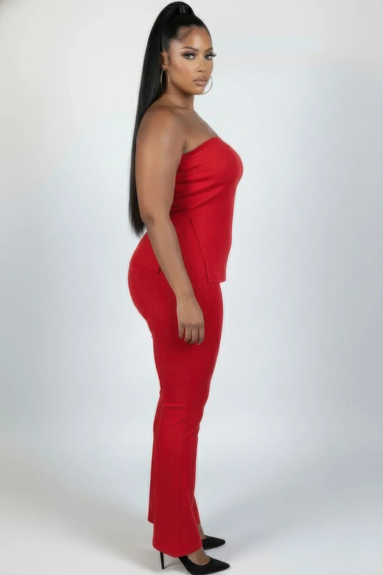 Plus Size Ultra-fine Ribbed Slit Tube Top & High-waist Flare Pants Set | Mixtshop LLC