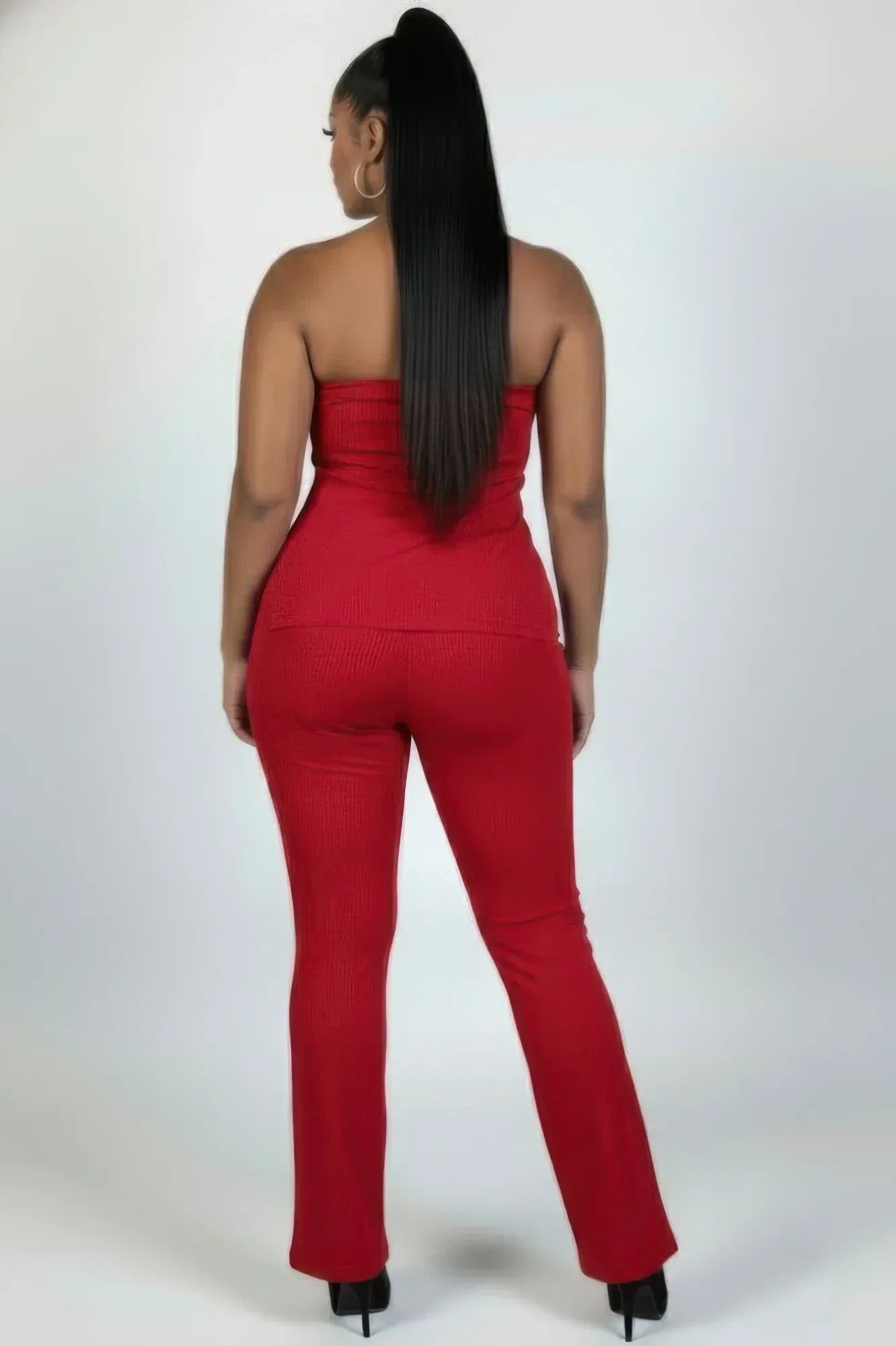 Plus Size Ultra-fine Ribbed Slit Tube Top & High-waist Flare Pants Set | Mixtshop LLC