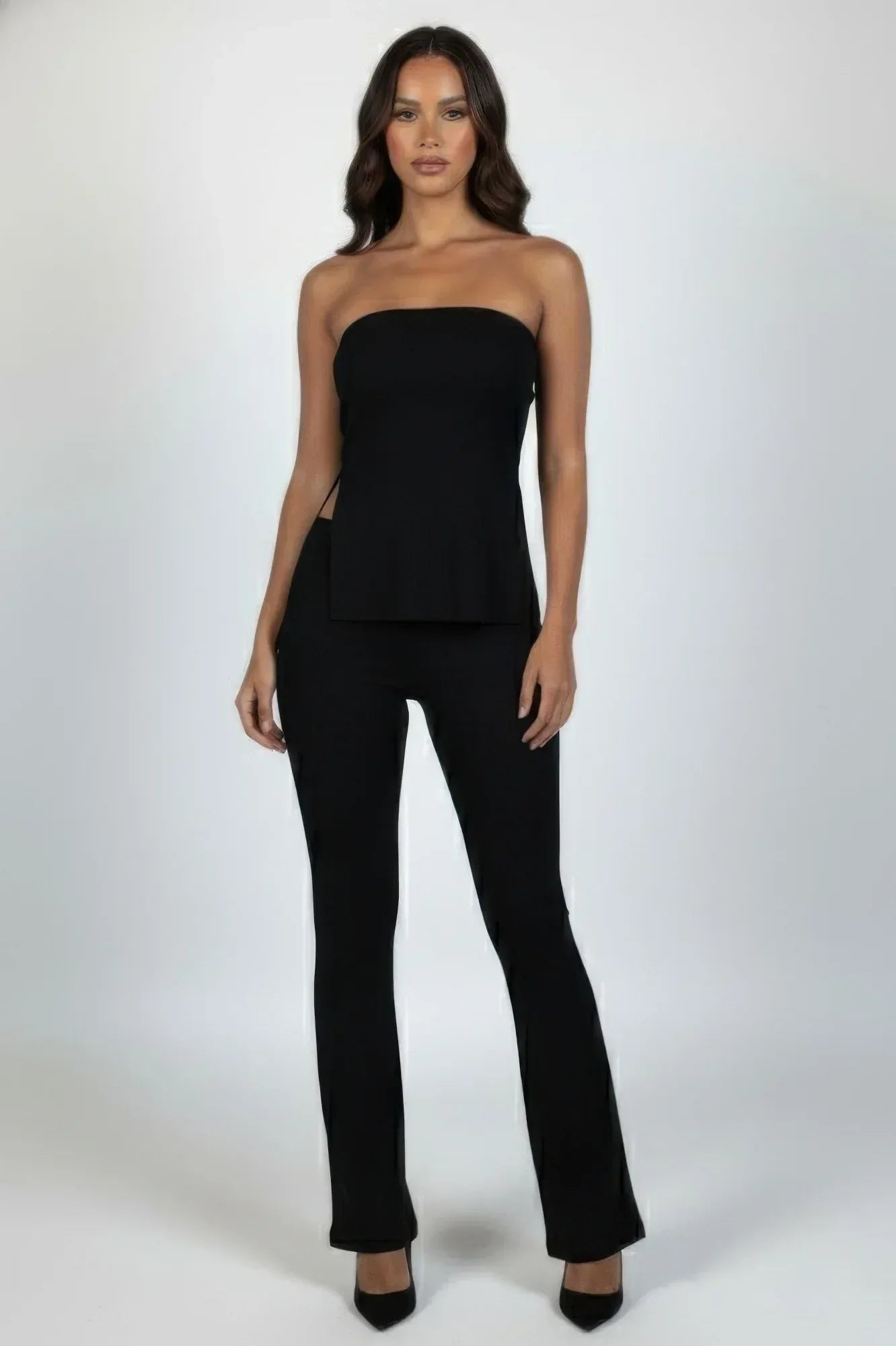 Ribbed Slit Tube Top & High-waist Flare Pants Set | Mixtshop LLC