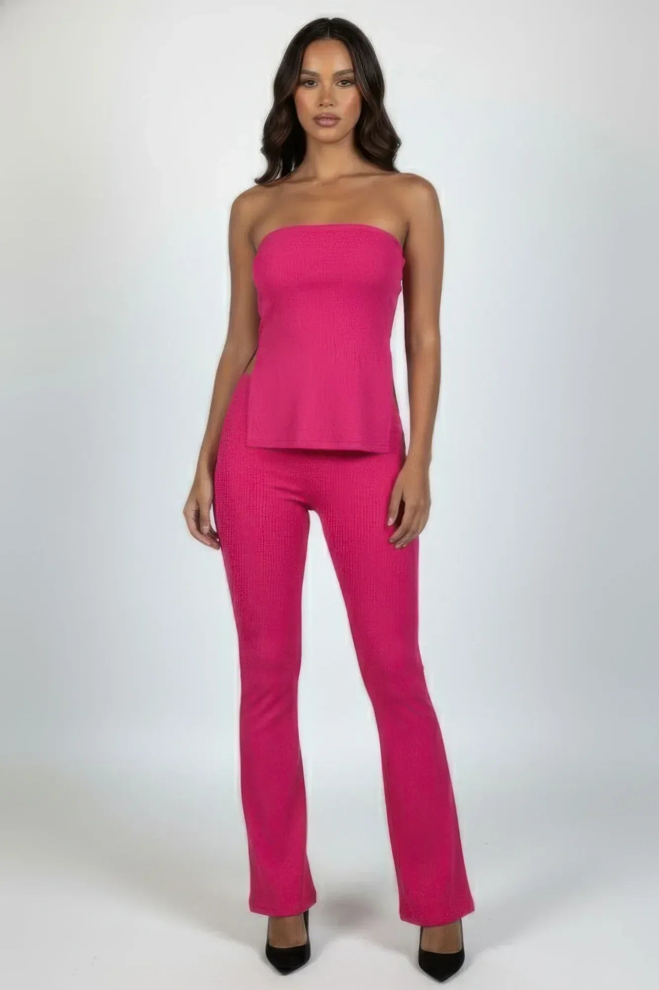 Ribbed Slit Tube Top & High-waist Flare Pants Set | Mixtshop LLC