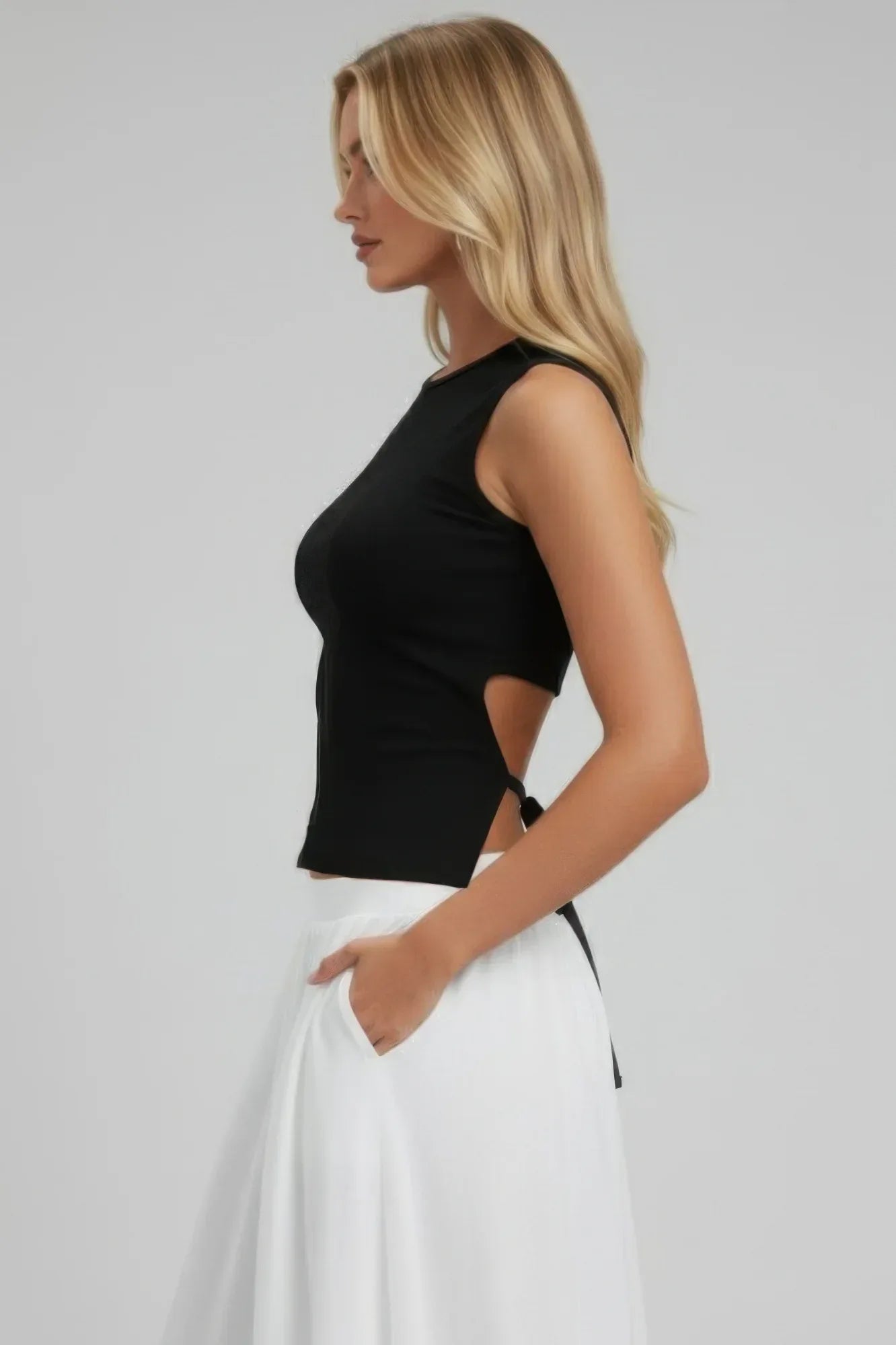 Sleeveless Mock Neck Top With Adjustable Side Slit Tie Secondary image