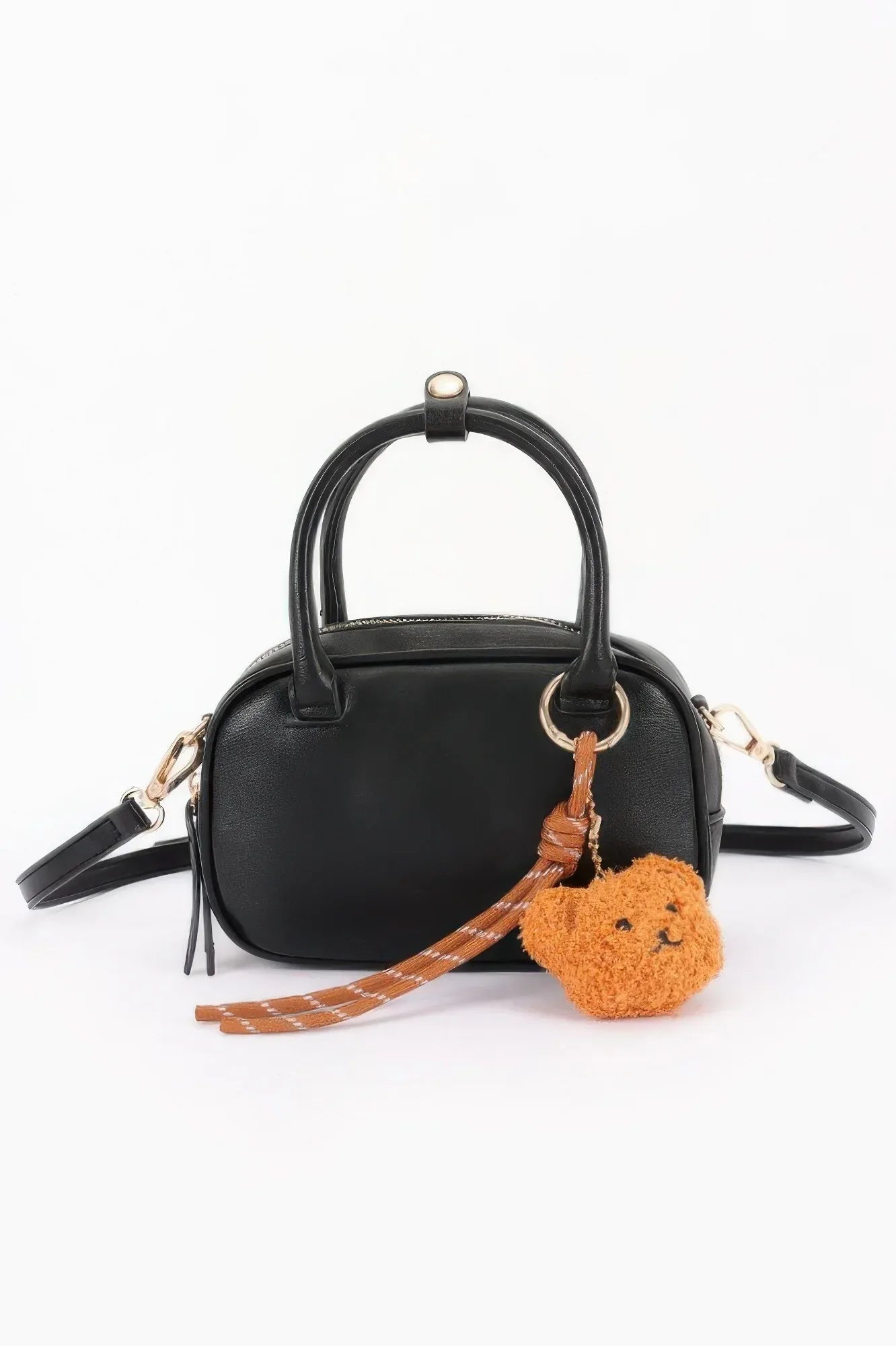 Vegan Leather Mini Bowling Bag With Bear Charm | Mixtshop LLC