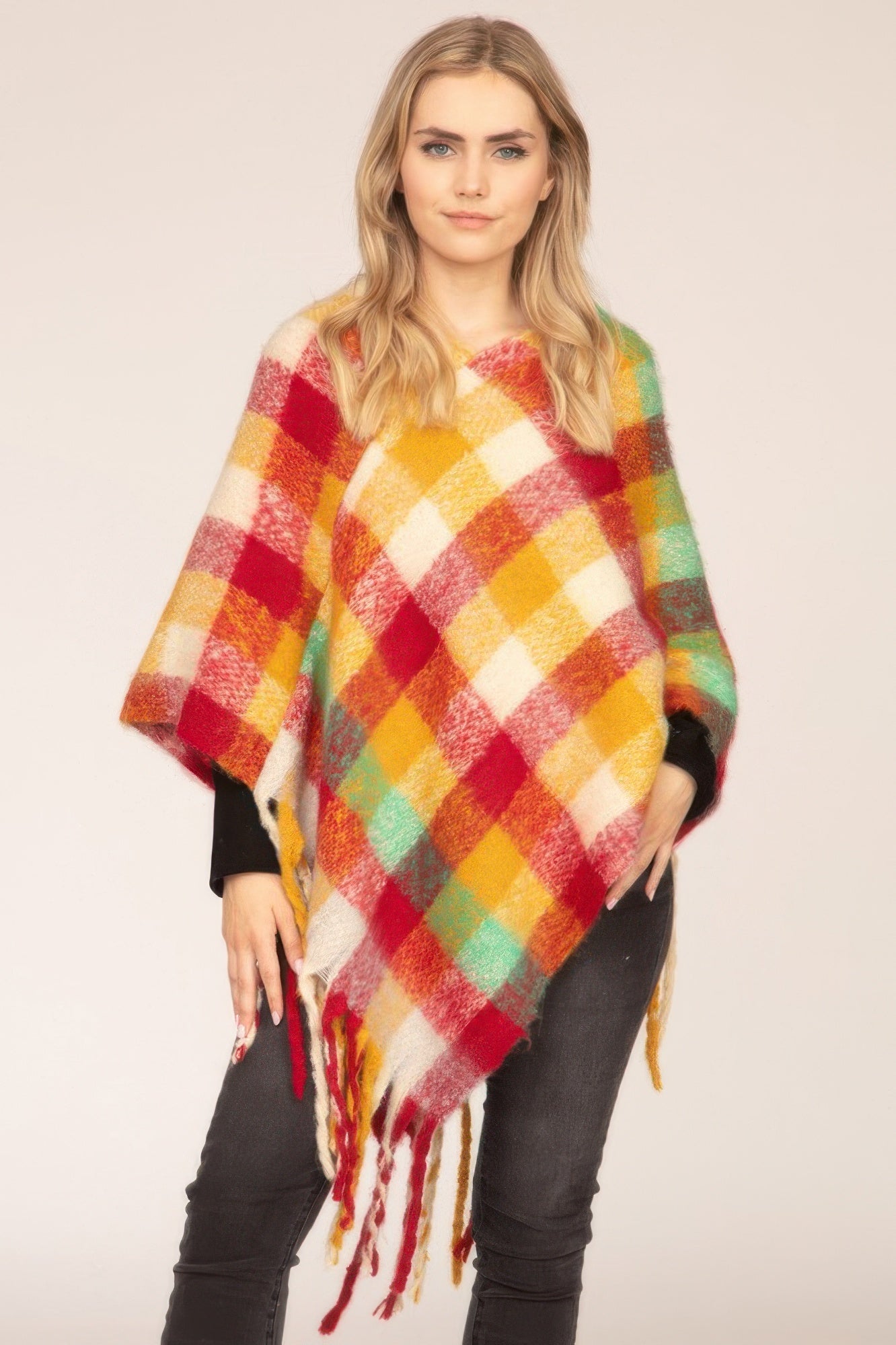 Color Block Plaid Poncho Secondary image