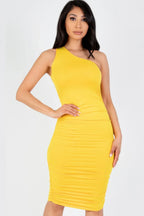 Sexy Solid Color Ruched One Shoulder Midi Bodycon Dress | Mixtshop LLC