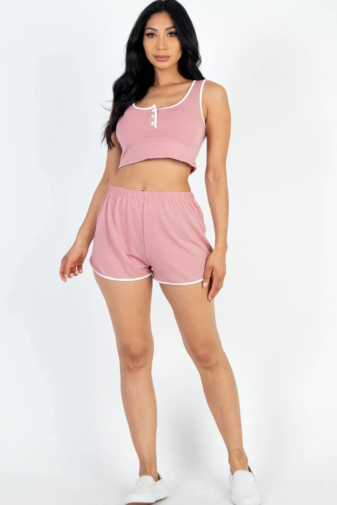 Casual French Terry Sleeveless Button Front Contrast Trim Cropped Tank Top And Shorts Set | Mixtshop LLC