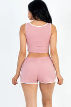 Casual French Terry Sleeveless Button Front Contrast Trim Cropped Tank Top And Shorts Set | Mixtshop LLC