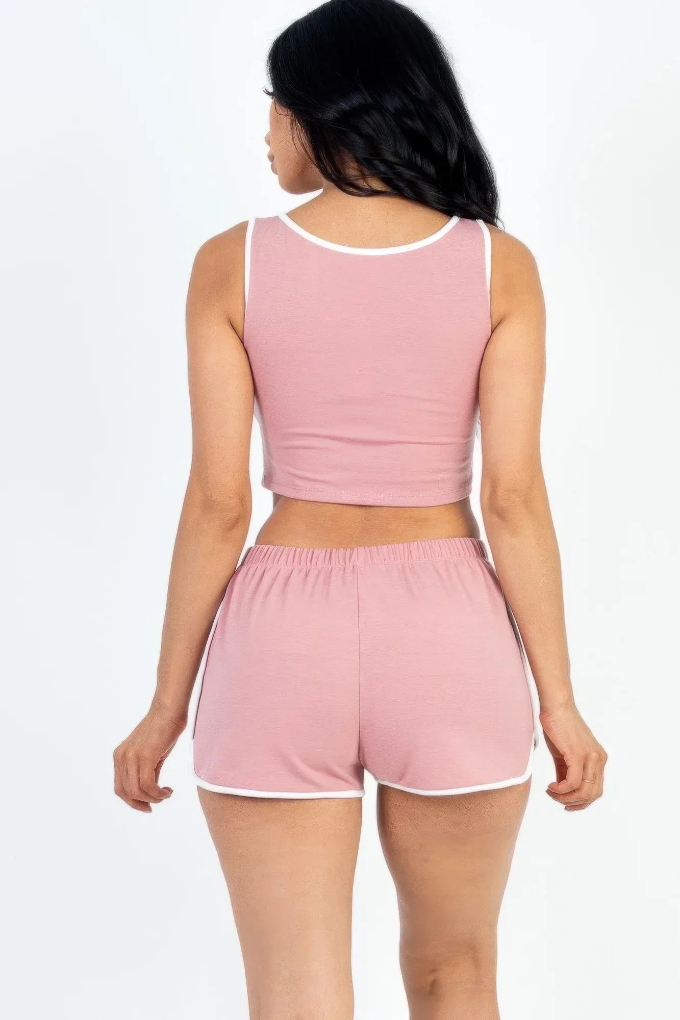 Casual French Terry Sleeveless Button Front Contrast Trim Cropped Tank Top And Shorts Set | Mixtshop LLC