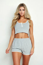 Casual French Terry Sleeveless Button Front Contrast Trim Cropped Tank Top And Shorts Set | Mixtshop LLC