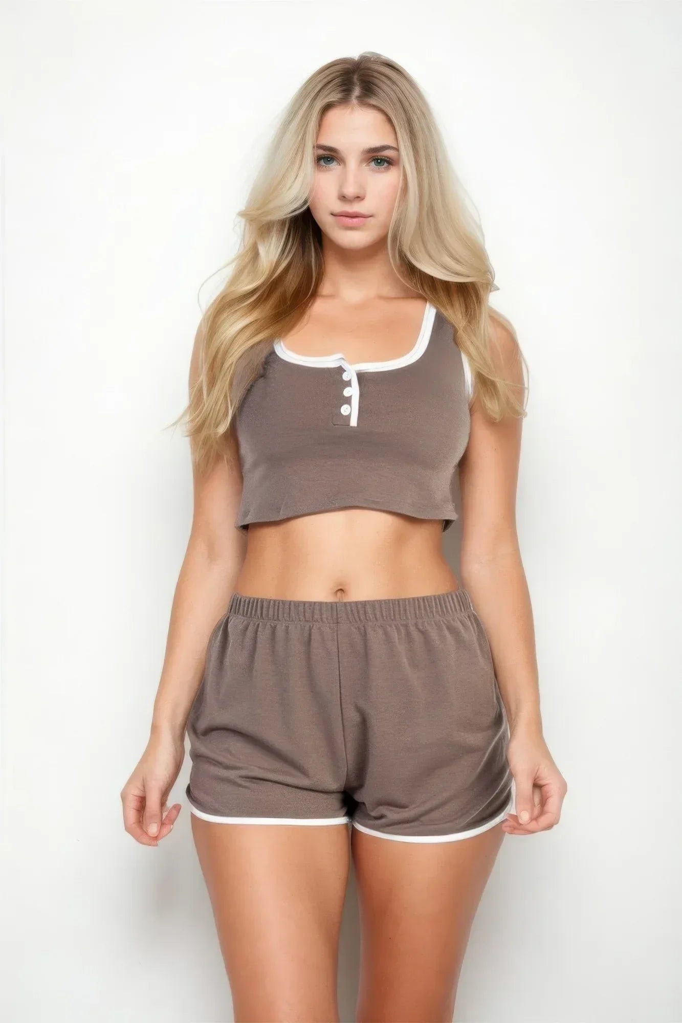Casual French Terry Sleeveless Button Front Contrast Trim Cropped Tank Top And Shorts Set | Mixtshop LLC