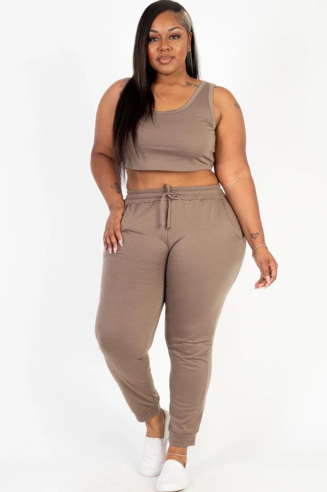 Plus Size French Terry Cropped Tank Top & Joggers Set | Mixtshop LLC Main image
