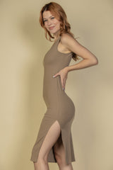 Flat Back Rib Sleeveless Tank Side Slit Bodycon Dress | Mixtshop LLC