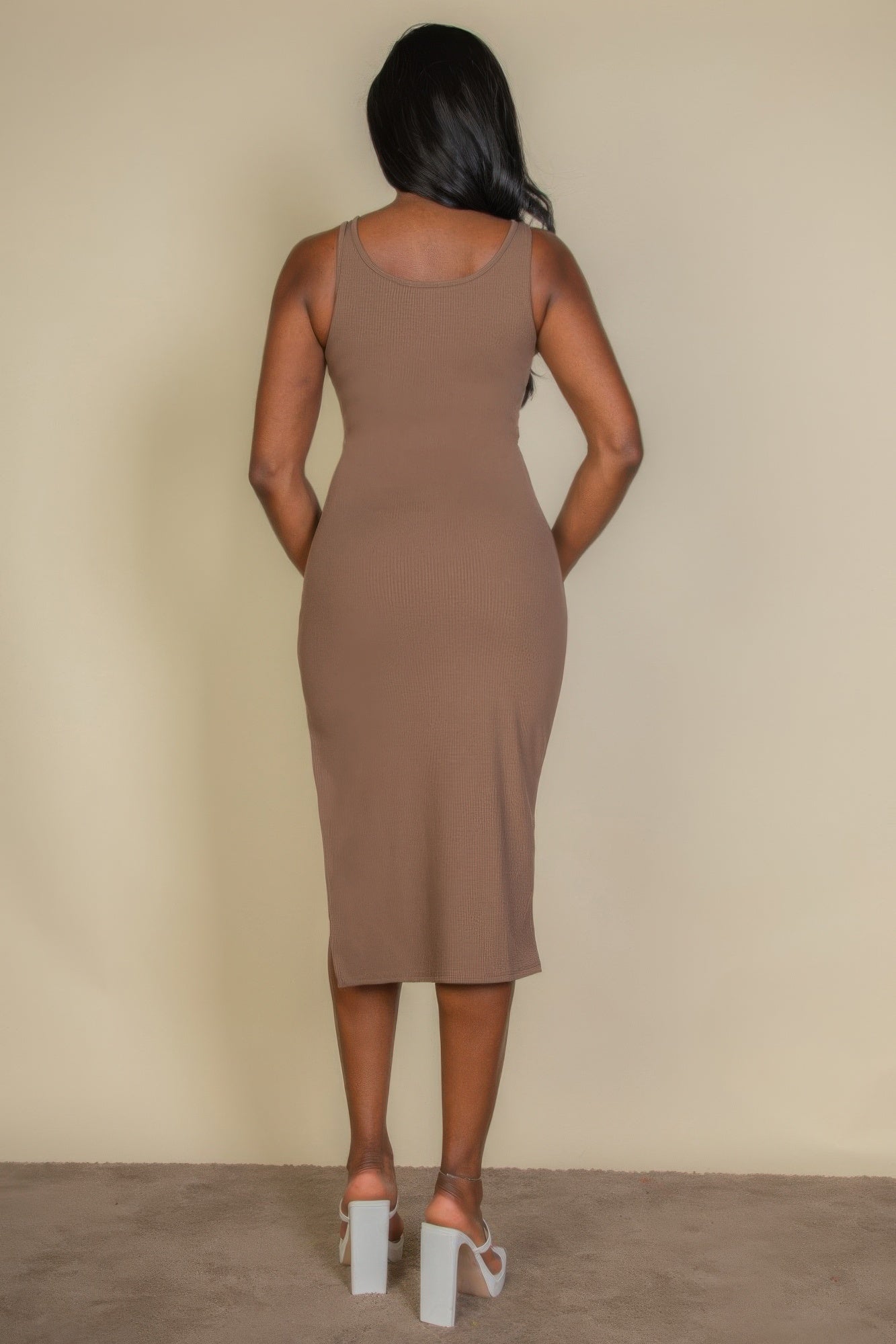 Flat Back Rib Sleeveless Tank Side Slit Bodycon Dress | Mixtshop LLC