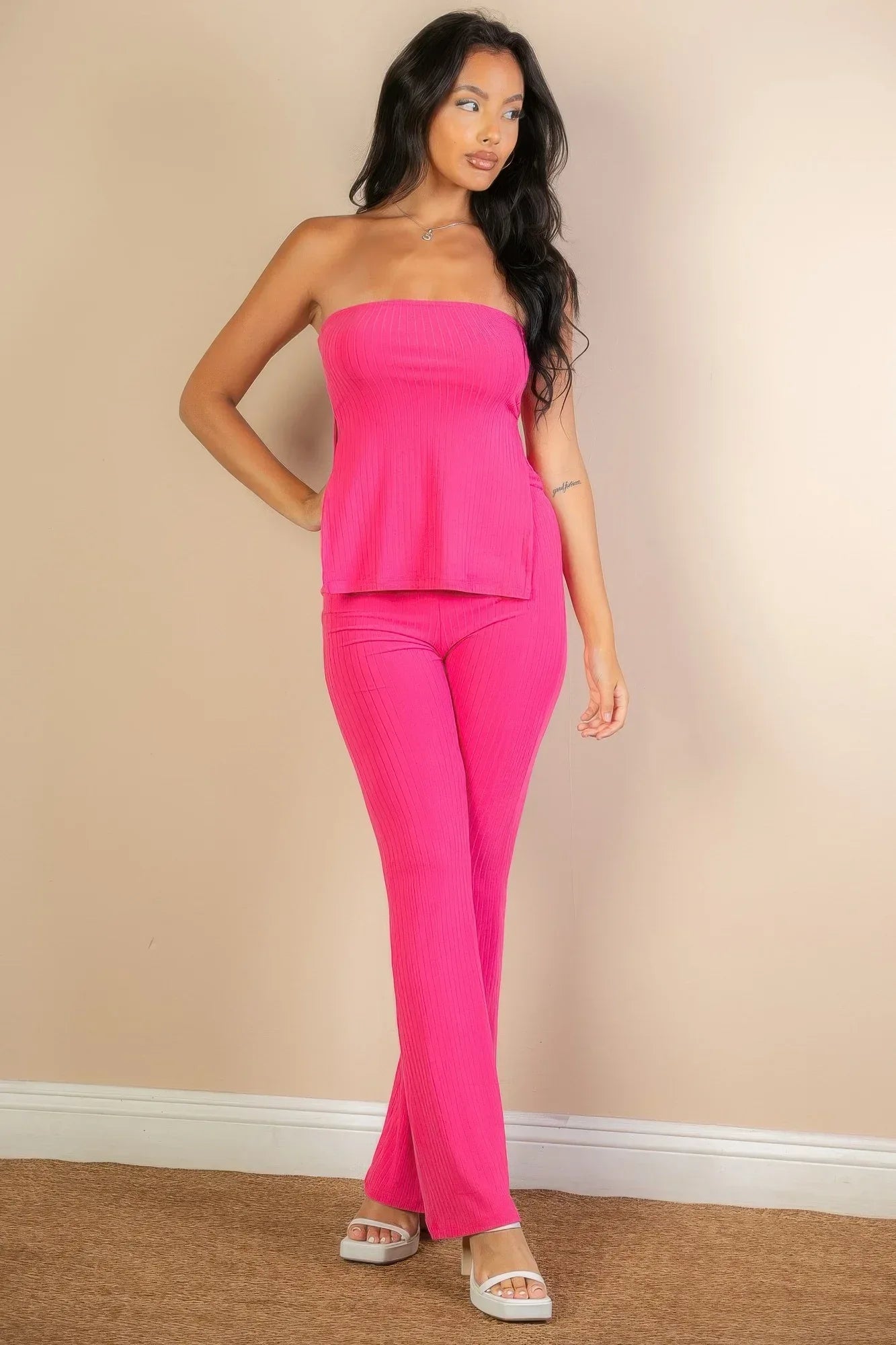 Ribbed Side Slit Bandeau Top & Flare Pants Set | Mixtshop LLC Main image
