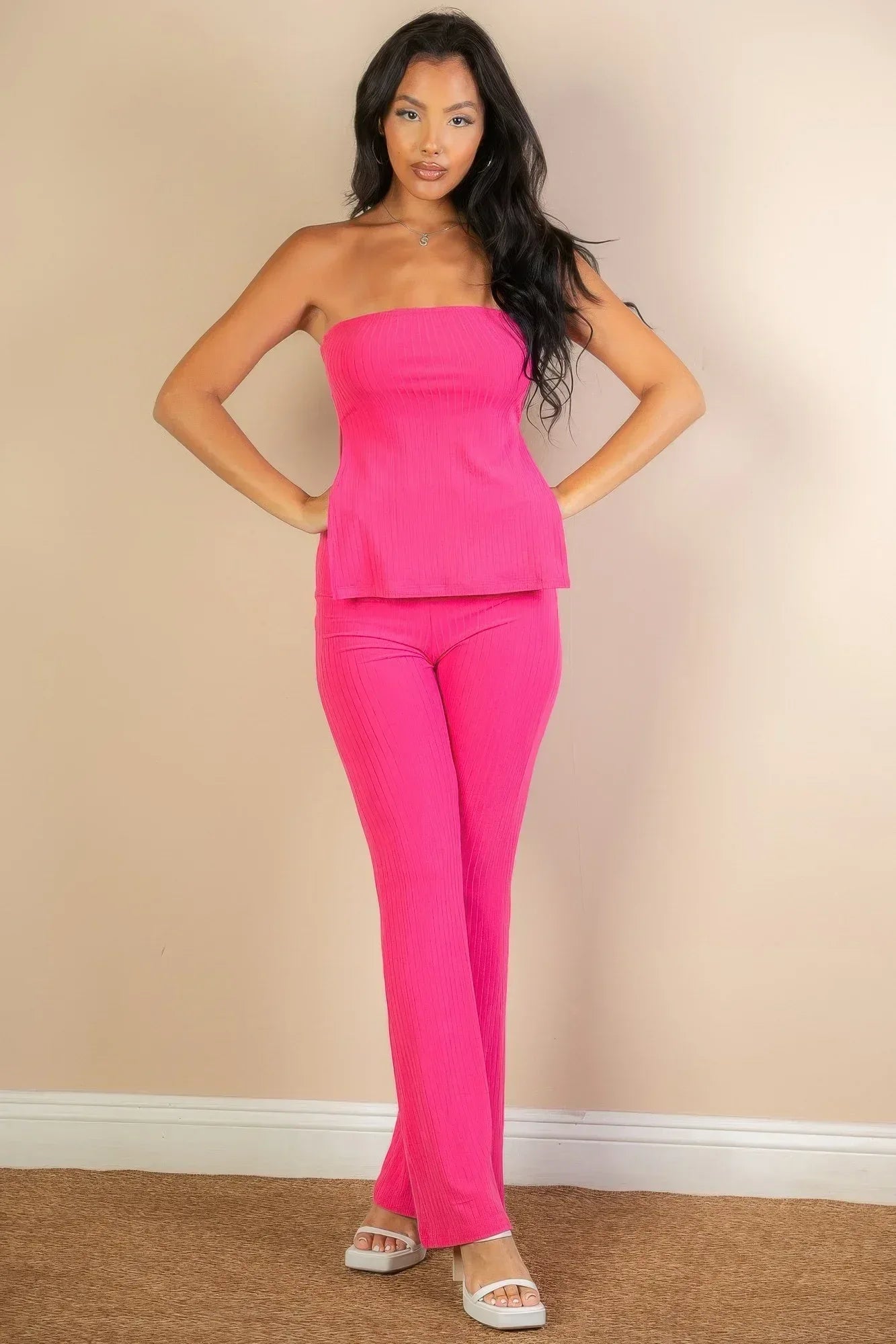 Ribbed Side Slit Bandeau Top & Flare Pants Set Secondary image