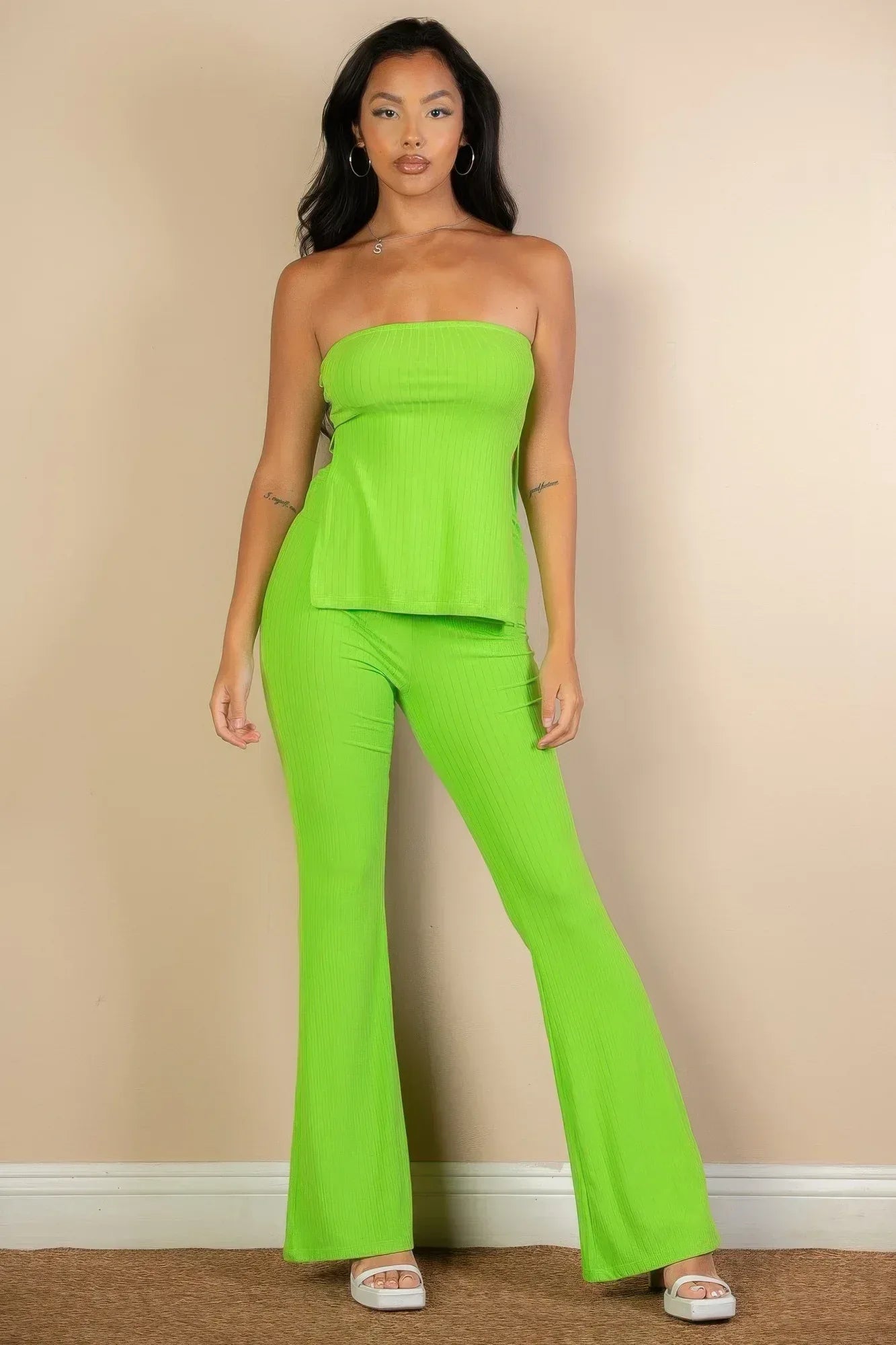 Ribbed Side Slit Bandeau Top & Flare Pants Set | Mixtshop LLC