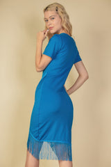 Fringe Hem Short Sleeve Bodycon Midi Pencil Dress | Mixtshop LLC
