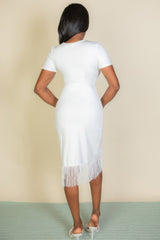 Fringe Hem Short Sleeve Bodycon Midi Pencil Dress | Mixtshop LLC