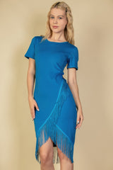 Fringe Hem Short Sleeve Bodycon Midi Pencil Dress | Mixtshop LLC