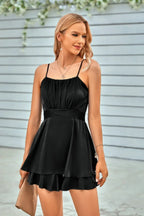 Spaghetti Strap Ruched Satin Layered Romper | Mixtshop LLC