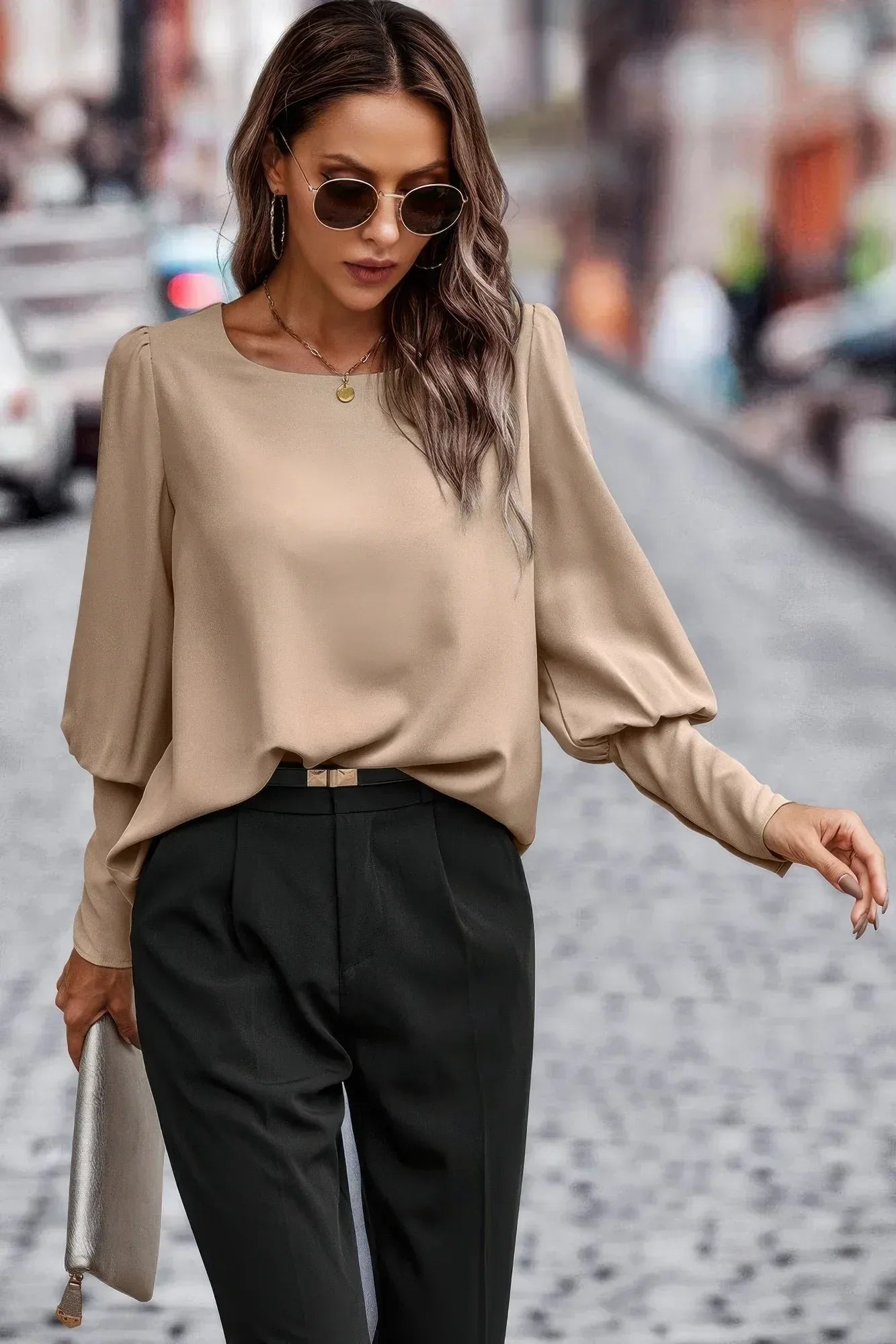 Crew Neck Solid Leg Of Mutton Sleeve Shirt | Mixtshop LLC